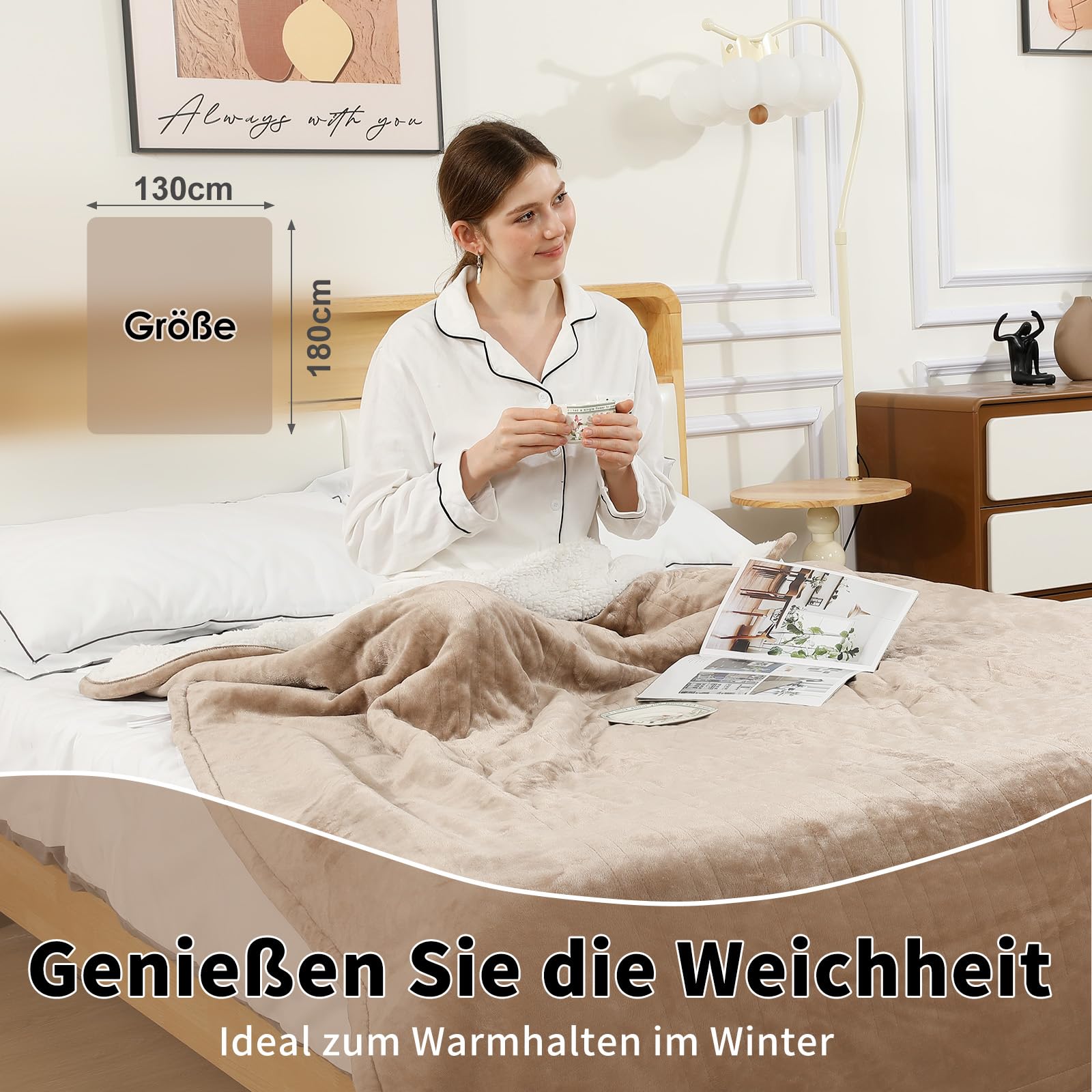 ESTINGO Wärmedecke 180x130cm, Heizdecke mit Abschaltautomatik, 6 Heizstufen, 10-Stunden-Timer, Überhitzungsschutz, Weich Flanell&Sherpa, Maschinenwaschbar, Beheizbare Decke für Sofa, Bett, Büro, Beige