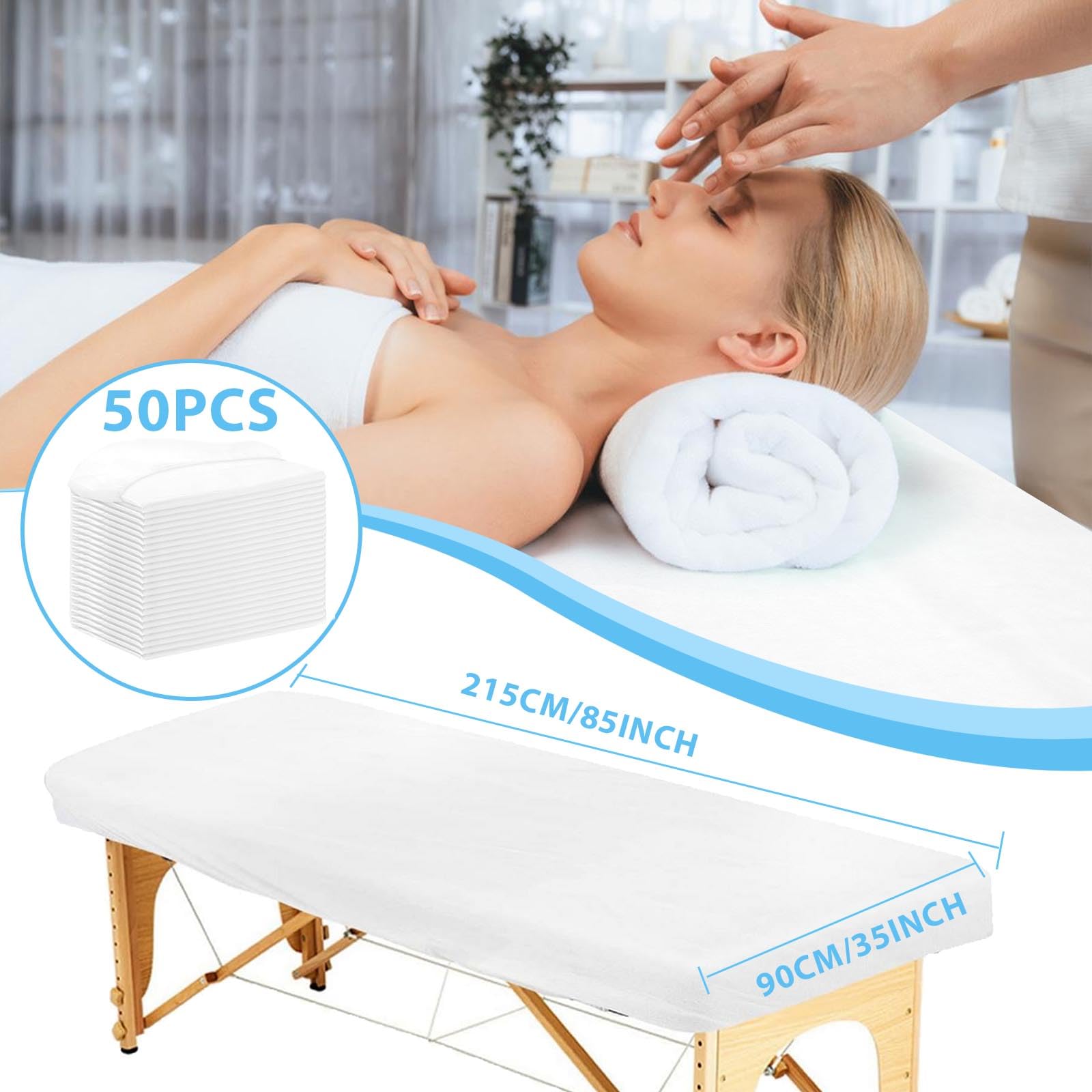 50 sábanas bajeras desechables de 84 x 35 pulgadas para mesa de masaje con elástico, transpirable, desechable, cubierta de mesa de masaje, fundas de cama de spa de tela no tejida, un solo uso para