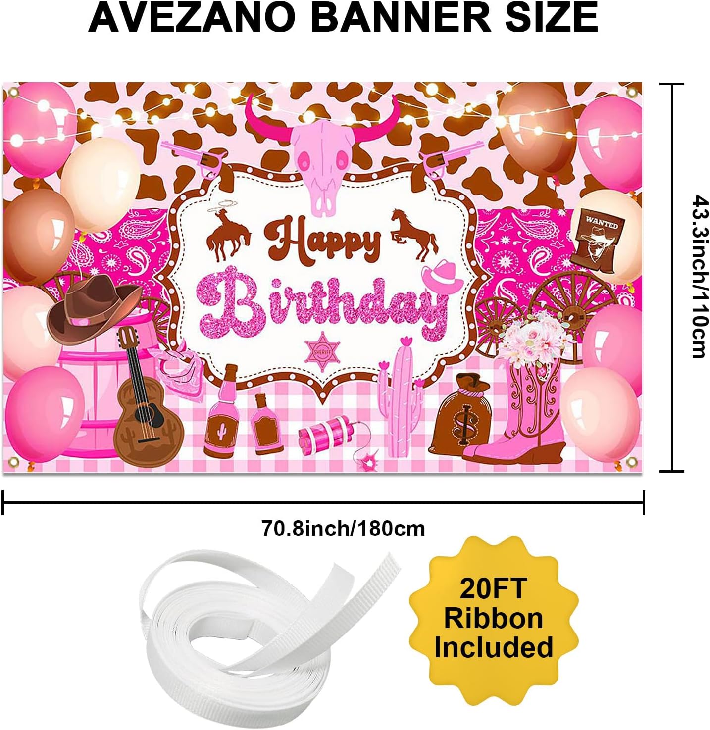 Avezano Western Cowgirl Birthday Banner Wild West Western Theme Happy Birthday Party Decorations Cow Print Pink Cowgirl Birthday Photography Background Party Supplies Banner 70.8 x 43.3 Inch - Image 4