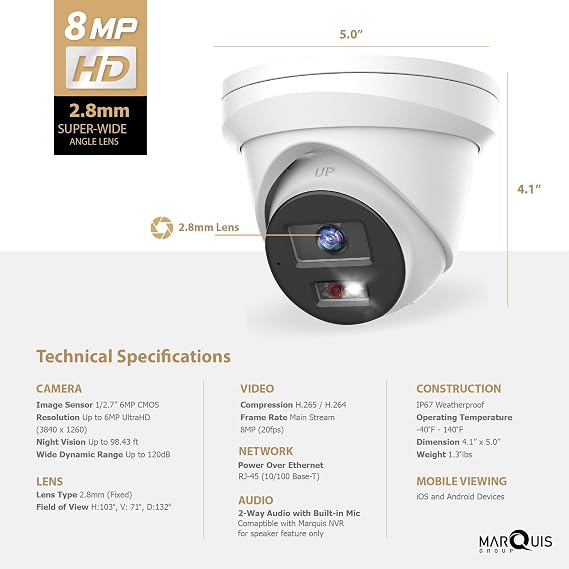 Marquis H Series 4K 8MP PoE Fixed Turret IP Camera Outdoor with Smart Hybrid Light, Human/Vehicle Detection, Built-in Microphone 2 Way Audio, Metal Housing IP67 (2.8mm)