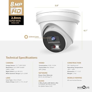 Marquis H Series 4K 8MP PoE Fixed Turret IP Camera Outdoor with Smart Hybrid Light, Human/Vehicle Detection, Built-in Microphone 2 Way Audio, Metal Housing IP67 (2.8mm)