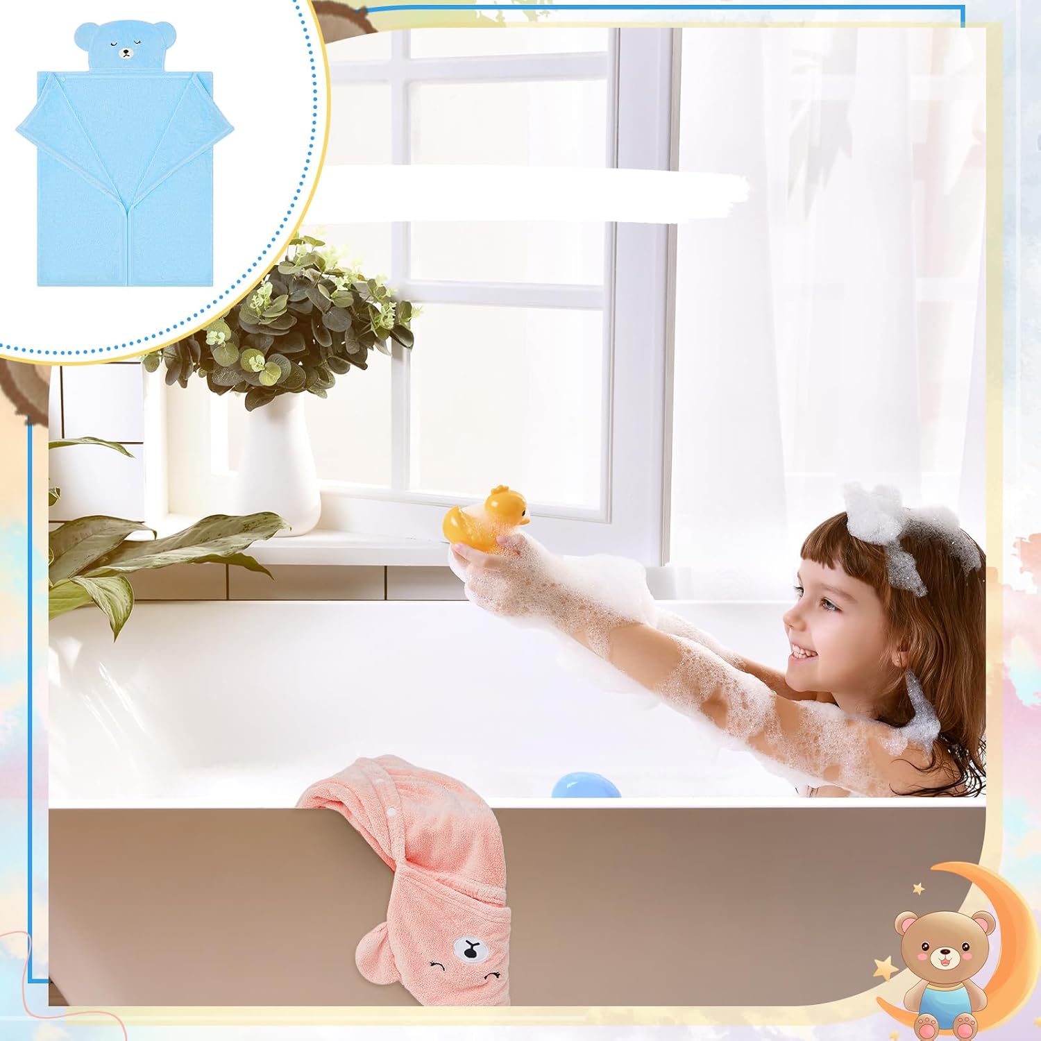 Xtinmee Toddler Bath Towels Hooded for Kid 0-5 Year 28 x 47 Inch Absorbent Baby Hooded Towel with Bear Ears Large Boys Girls Infant Towels Bathrobe Shower Blanket(Soft Color,4 Pcs)