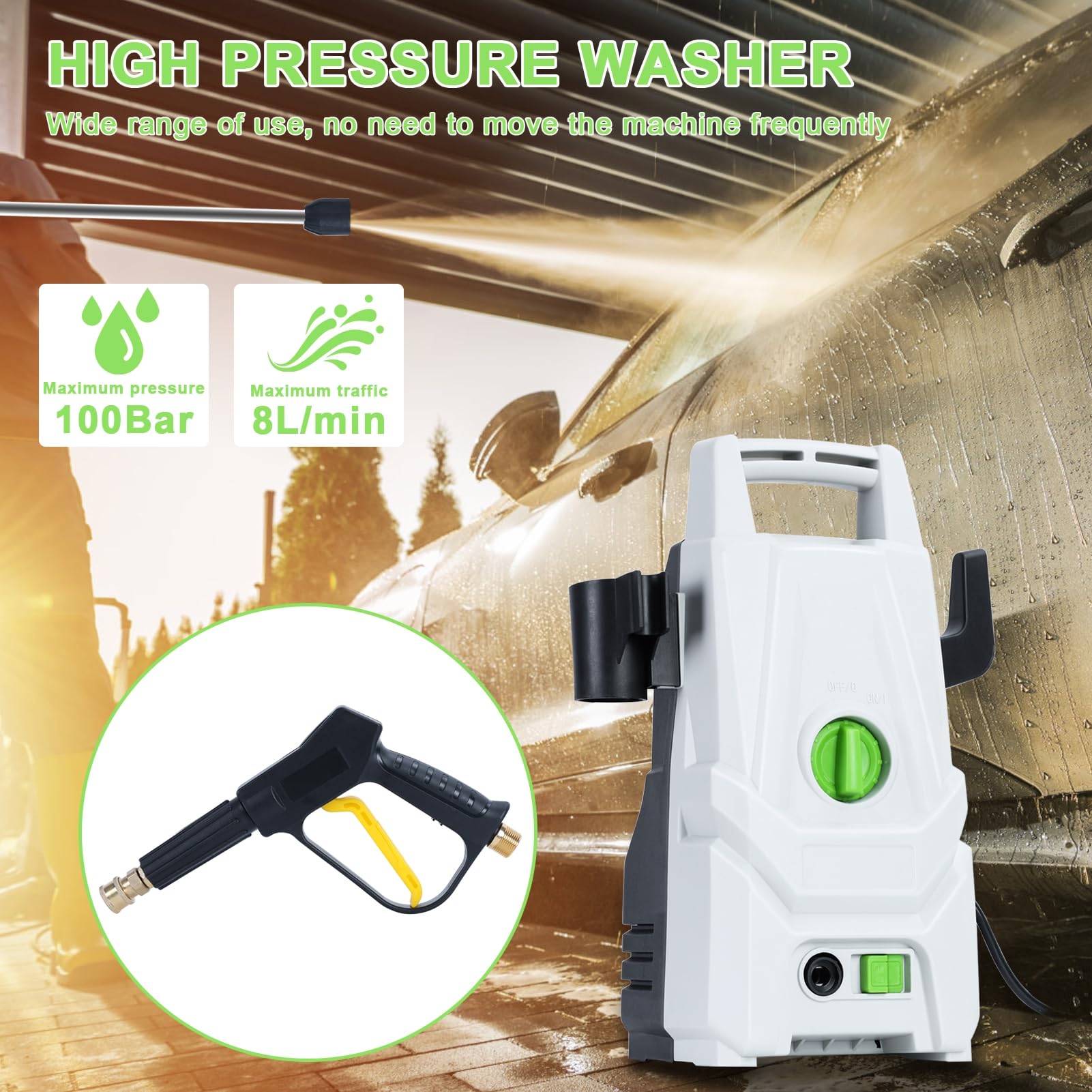 Potente limpiador eléctrico de alta presión 4800 PSI máx. 2,9 GPM, con 4 boquillas de conexión rápida, manguera de 28 pies, depósito de jabón, ideal para la limpieza de coches, entradas,