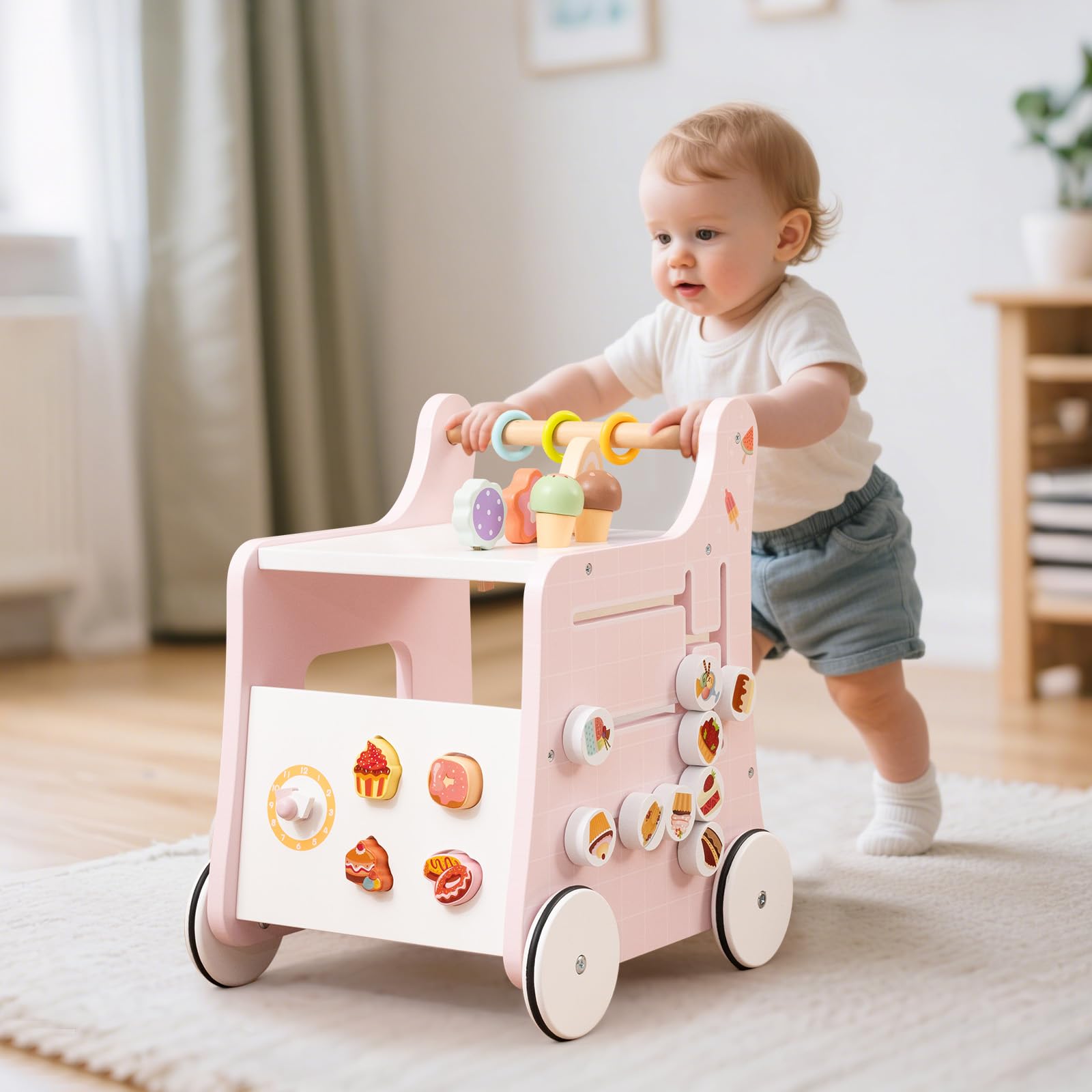 LIFEZEAL Girello per Bambini 1+Anni in Legno, Giochi di Ruolo Gelateria, Carrello Primi Passi Montessori, Baby Walker per Imparare a Camminare, Giocattoli, Ruote Antiscivolo, Portaoggetti, Maniglia