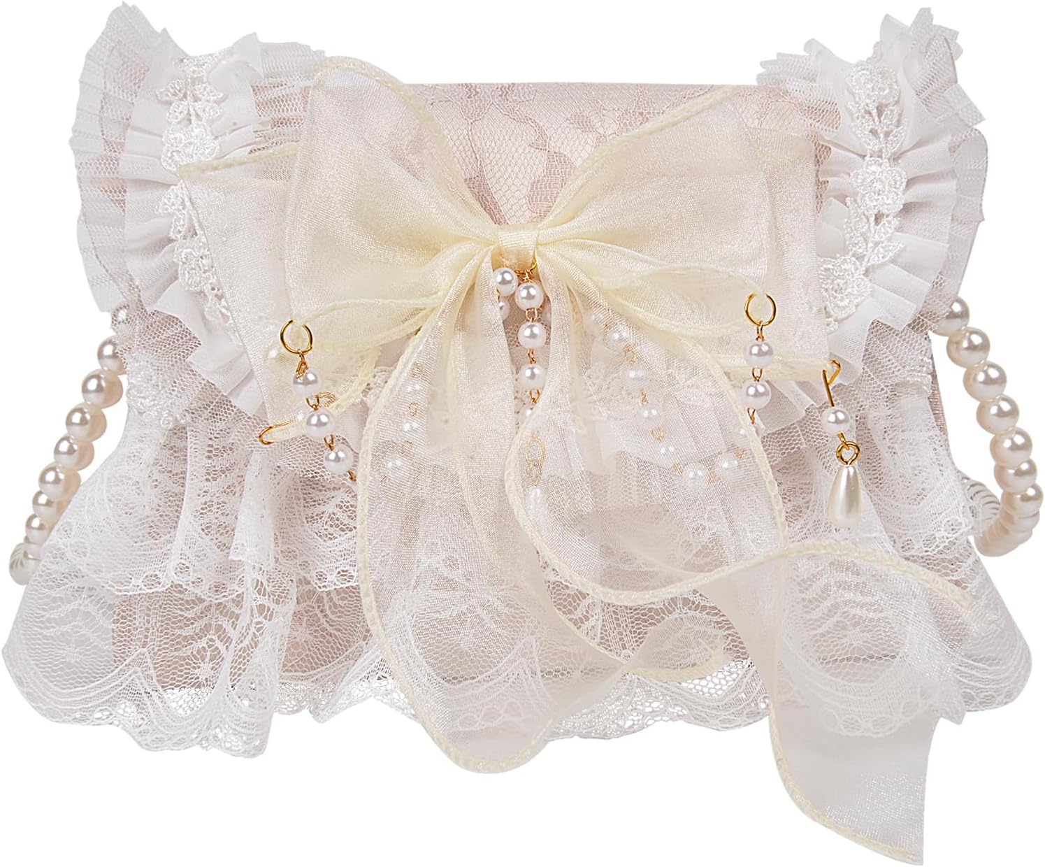 QZUnique Lolita Shoulder Bag Handmade Crossbody Tote Bags with Lace Bow Handbags for Women Girl Purse with Pearl Straps