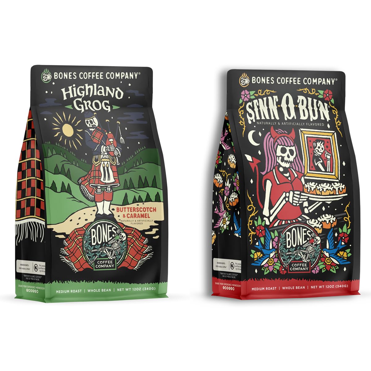 Bones Coffee Company Highland Grog With Cinnamon Roll 12 oz Ground Flavored Coffee Medium Roast Coffee Bundle