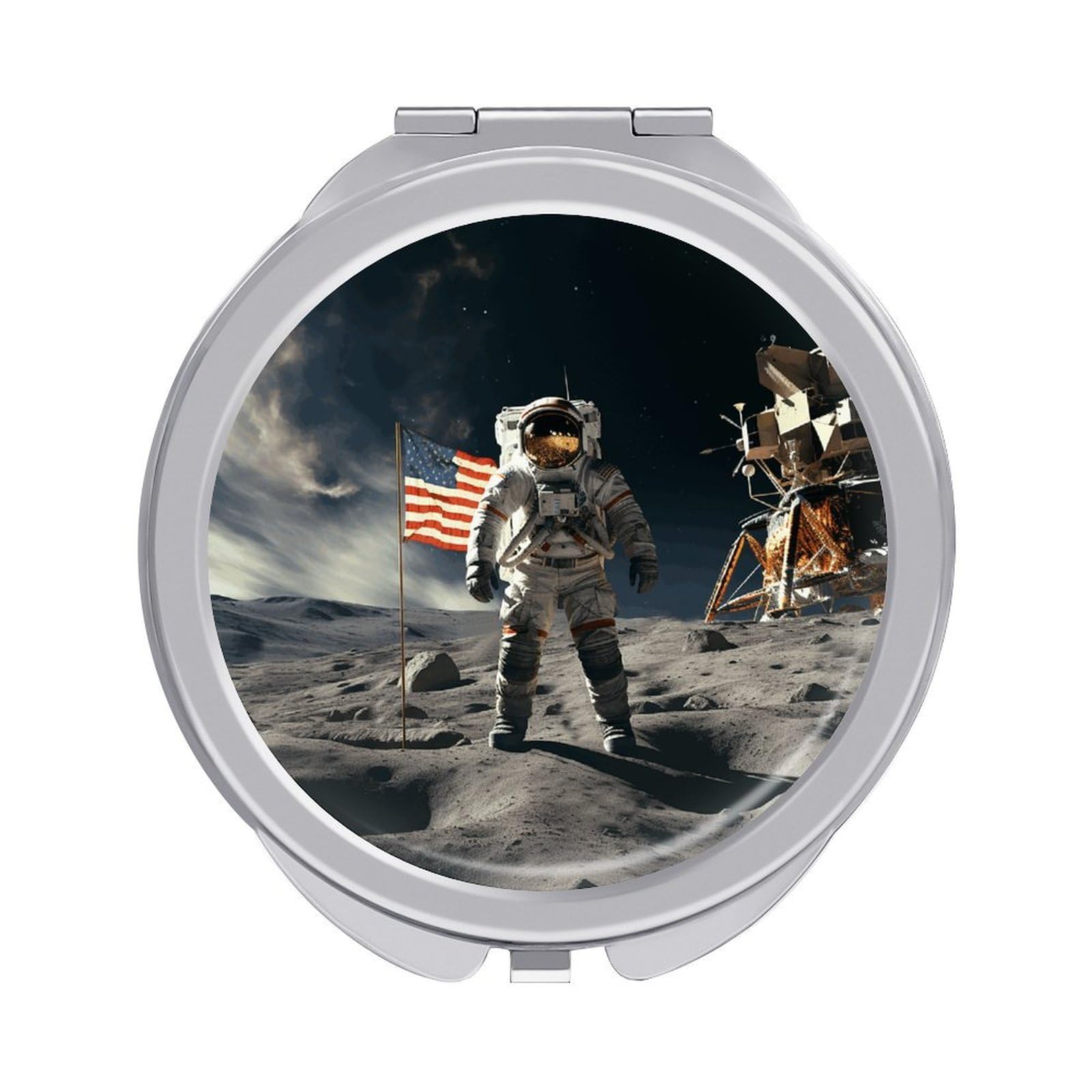 VstaDank Astronaut Landing on The Moon Travel Makeup Mirror Cute Compact Mirror for Women 1X/2X Magnifying Metal Pocket Makeup Mirrors Folding Round Makeup Mirrors for Handbag Wallet & Gift