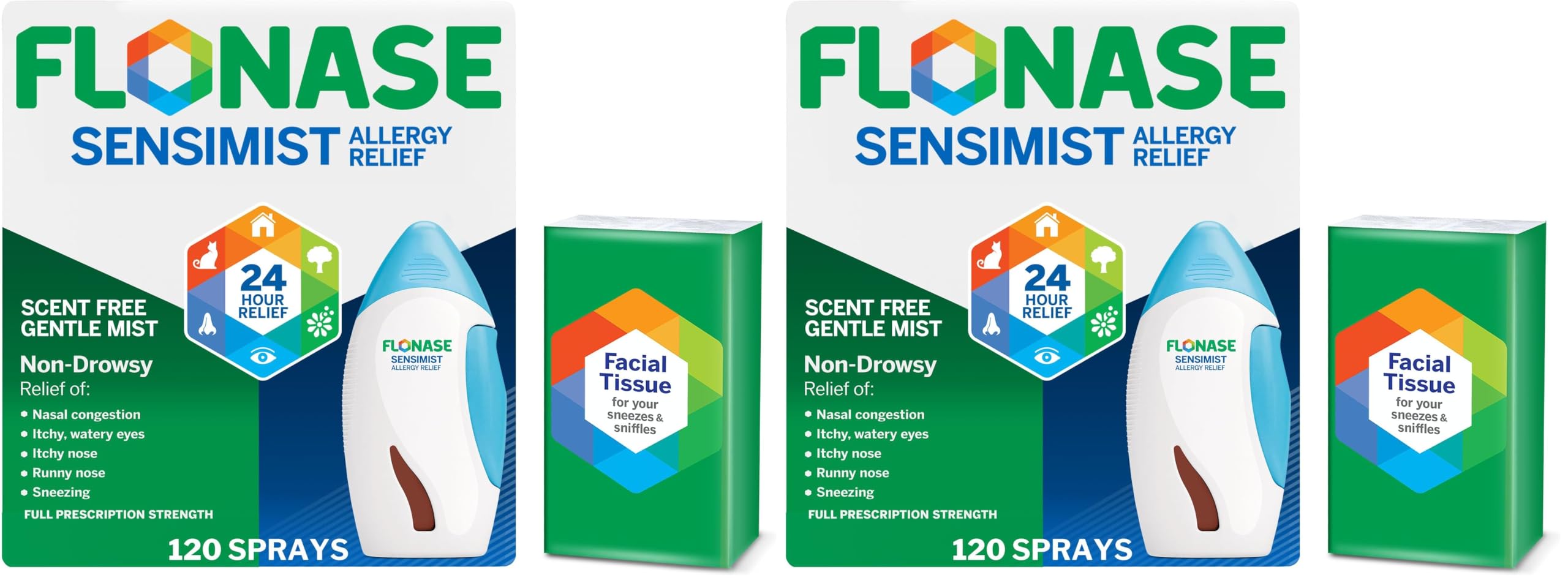 Flonase Sensimist Allergy Relief Nasal Spray - Non-Drowsy 24HR Long Lasting Allergy Relief with Fine, Scent-Free Mist - 120 Sprays Plus Bonus Pack of Tissues (Pack of 2)