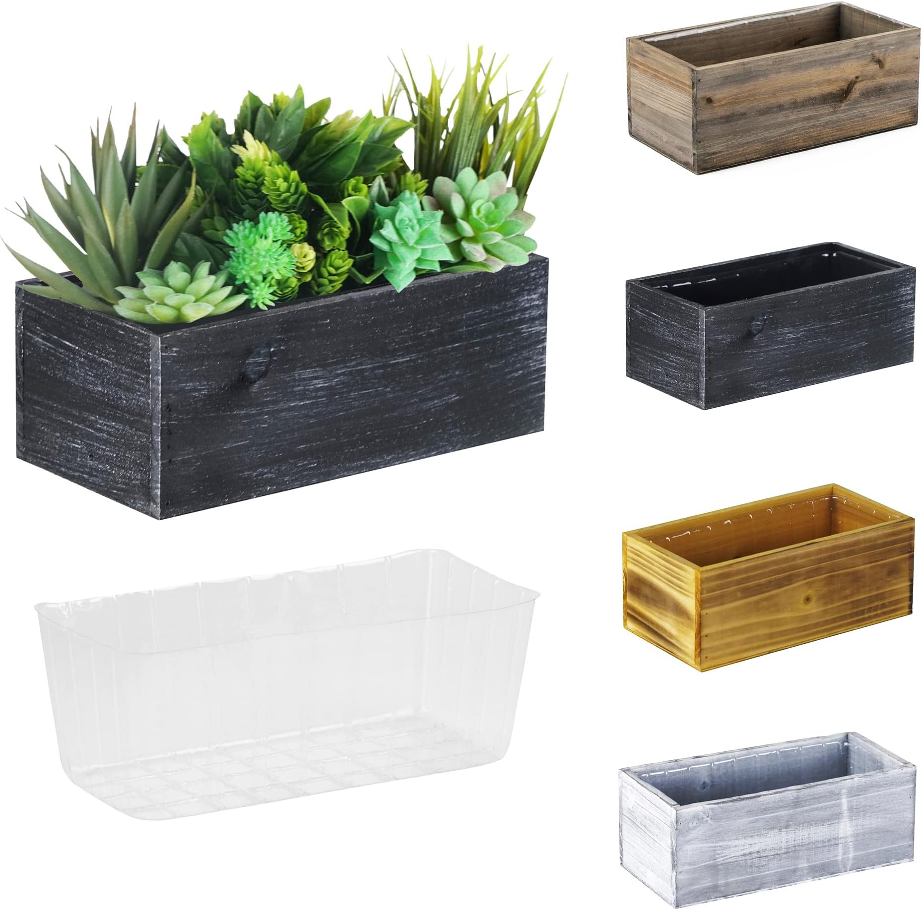 CYS EXCEL Small Natural Black Wood Rectangle Planter with Removable Plastic Liner (H:4" Open:10"x5") Country Rustic Indoor Decorative Box for Flower Succulent