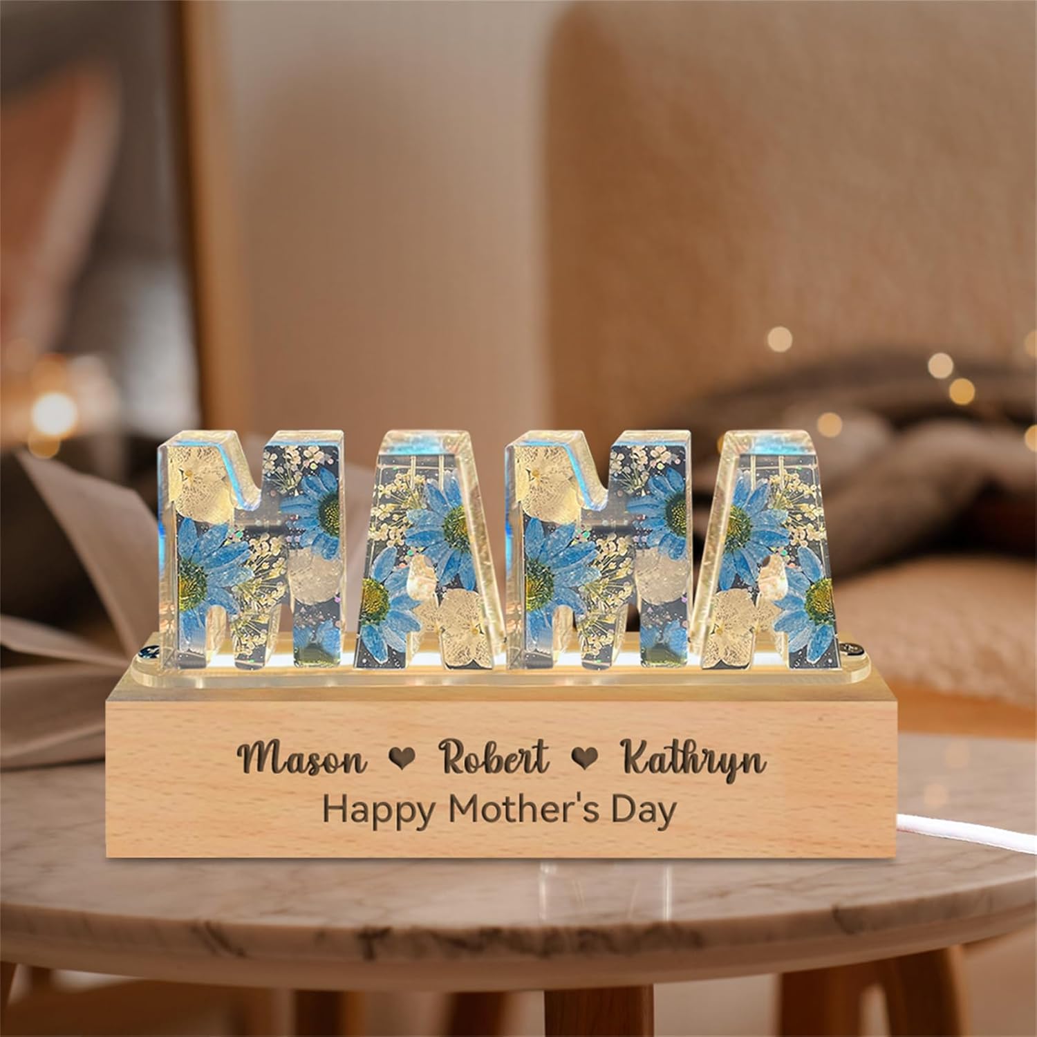 Personalized Grandma Resin Flower Lamp Custom Resin Letter Lights with 1-15 Name Epoxy Resin Night Light Dry Flower Light Women Mothers Day Christmas Birthday Gifts from Daughter Son