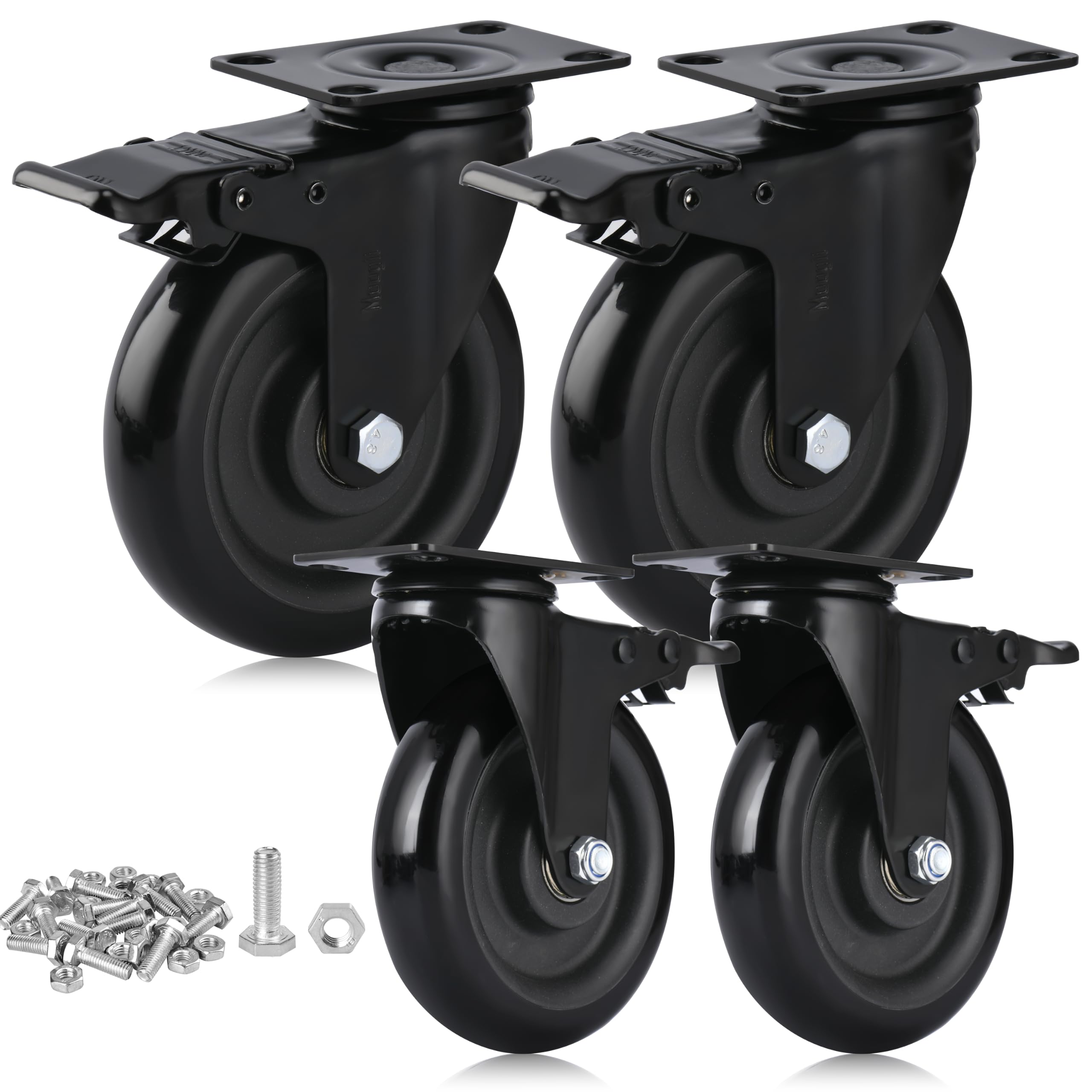 5" Swivel Casters Moogiitools Black Polyurethane Wheel with Brakes 1500lbs (Set of 4)-image-10