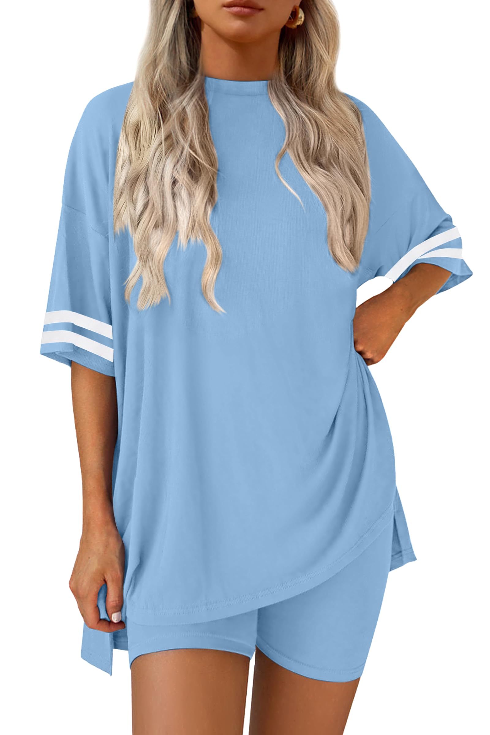 Ekouaer Womens Pajamas Casual 2 Piece Short Sleeve Biker Shorts Lounge Set
