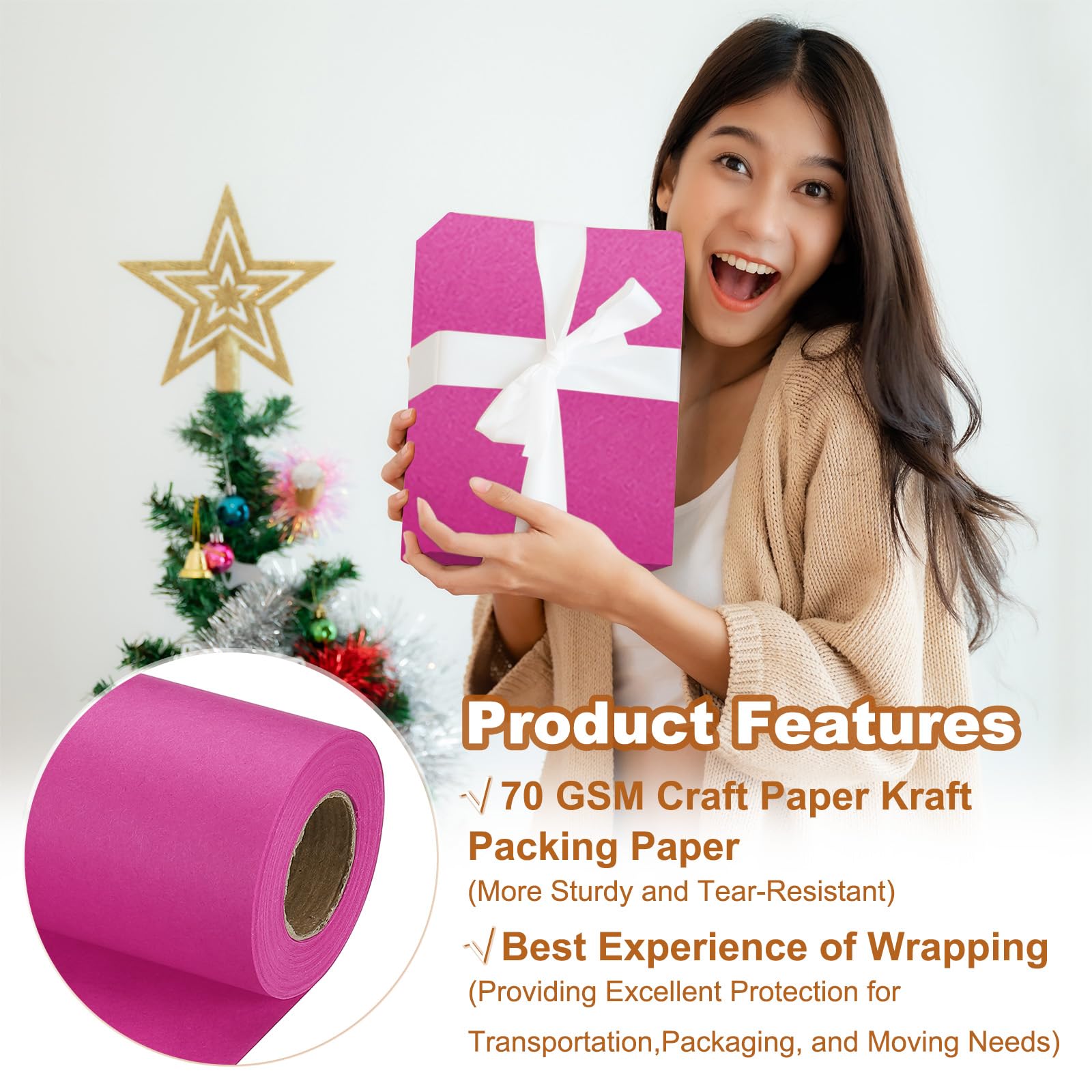PATIKIL Wrapping Paper, 17" x 450"(37') 70 GSM Craft Paper Roll Kraft Packing Paper for Poster Bulletin Board Gift Wrapping, Rose Pink - Image 3