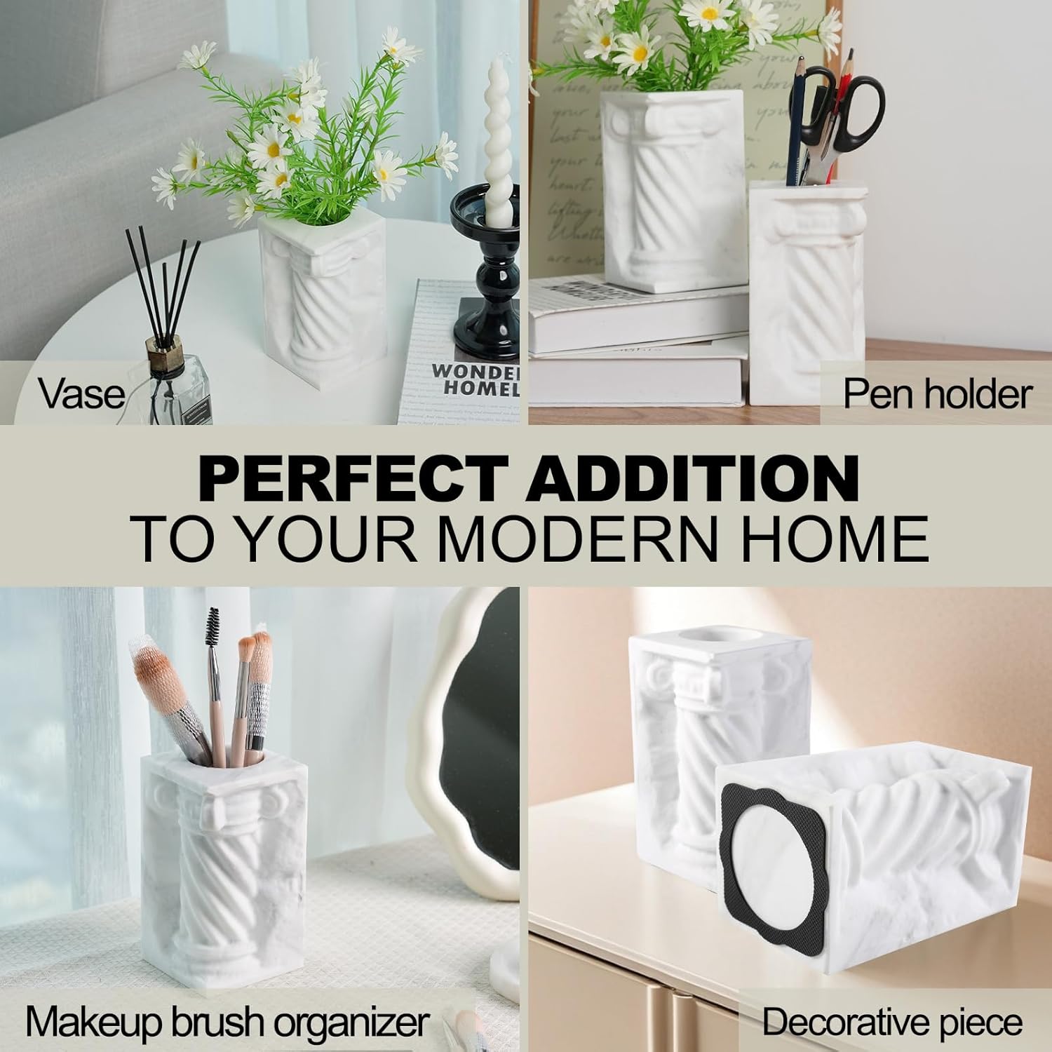 Decorative Roman Column Book Ends & Vase - Heavy Duty Marble Book Ends for Heavy Books, Vintage Home Office Decor, Dual Use as Flower Vase, Natural Stone Bookends for Shelves (2PC, White)