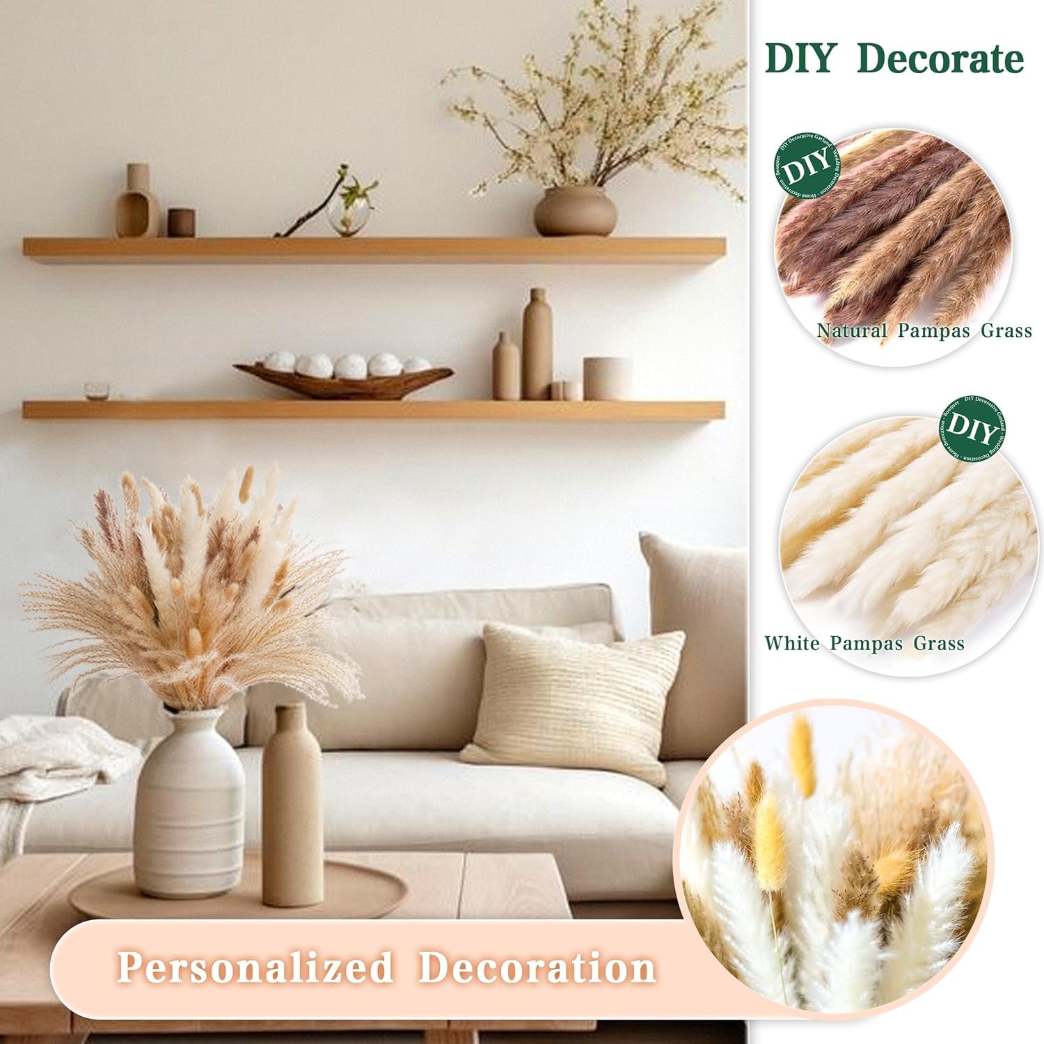 Qlect Home Decor 100 Pcs Set 17inch Natural Dried Pampas Grass,Real Rabbit Bunny Tail,Reed Pampas,Boho Bouquet,Artificial Flowers Decor for Table Vase Home Decoration. (100 Pcs Dried Flower Set) 1