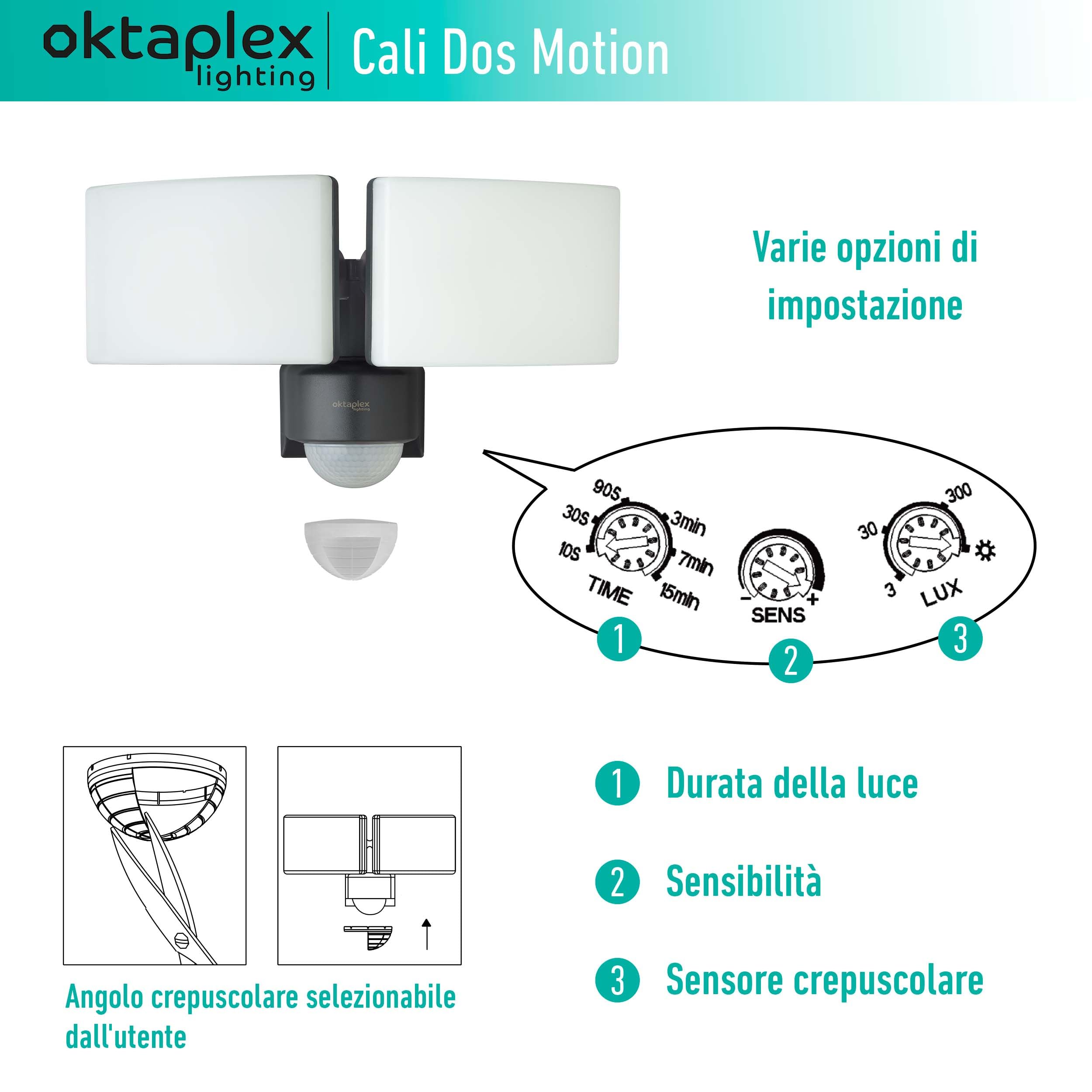 Oktaplex Faretto con sensore di movimento LED 40 W 230 V luce calda 3000K lampada da parete Cali Dos IP65 orientabili applique da parete da esterno antracite 3200 lumen