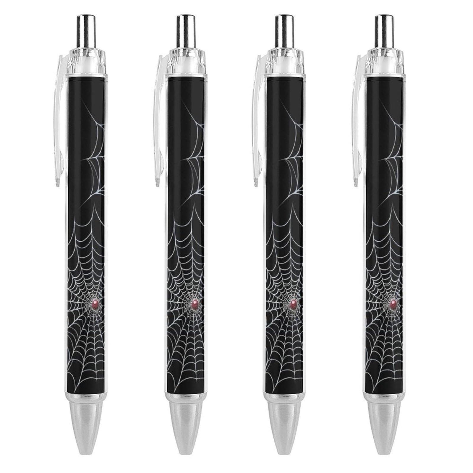 Ballpoint Pens for Office Essentials, Retractable Halloween Spiders Web Black Gel Pen with Comfortable Full Grip, 4 Pcs 0.5mm Ink Pens