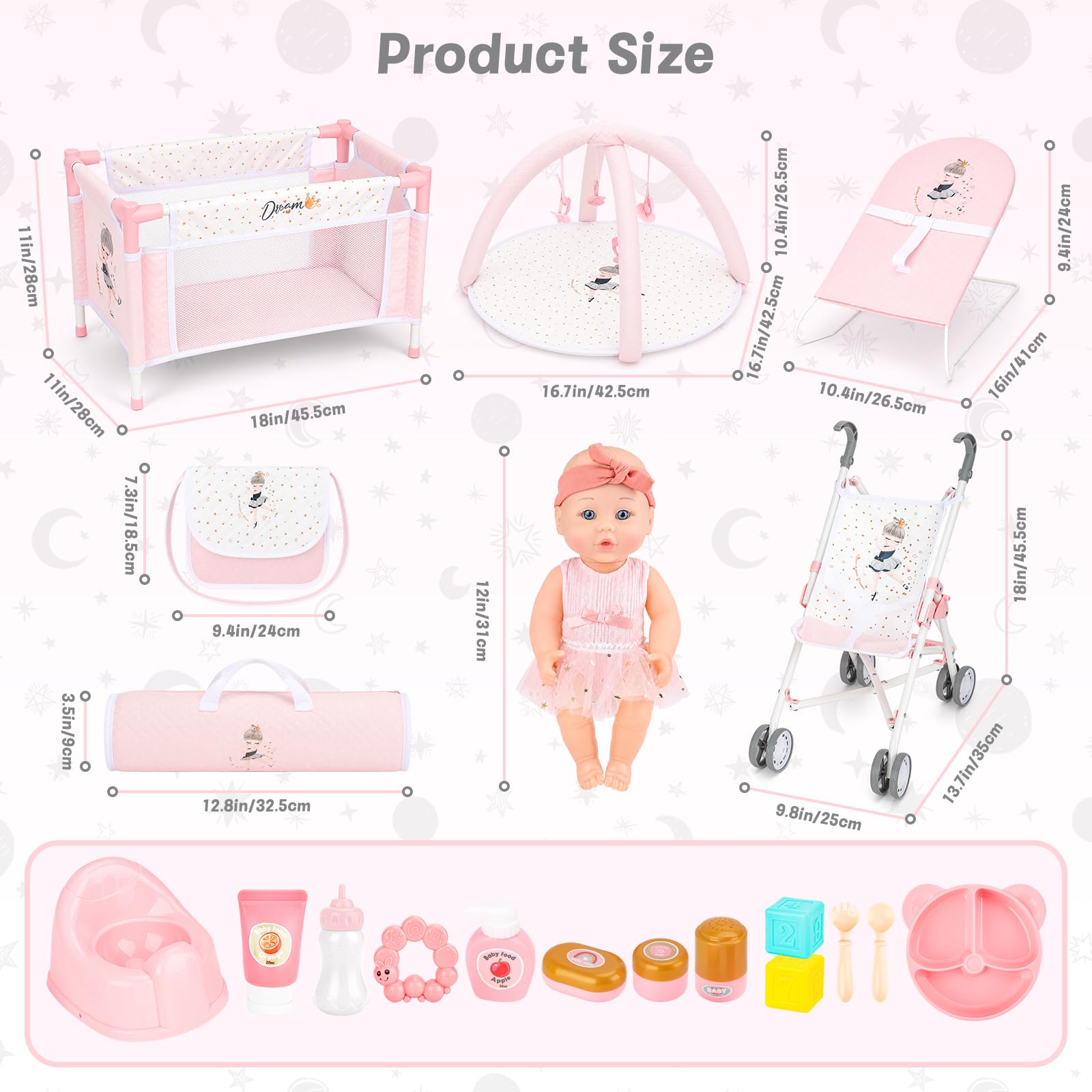 deAO 20 PCS Juego de Muñecas y Accesorios, Regalo para Niñas de 3 Años | Cochecitos, Cuna, Bolsos, 30CM Muñeca de Bebe, Arco de Juegos, Hamaca y Accesorios, Set de Juego con Muñecas de Rol Realista