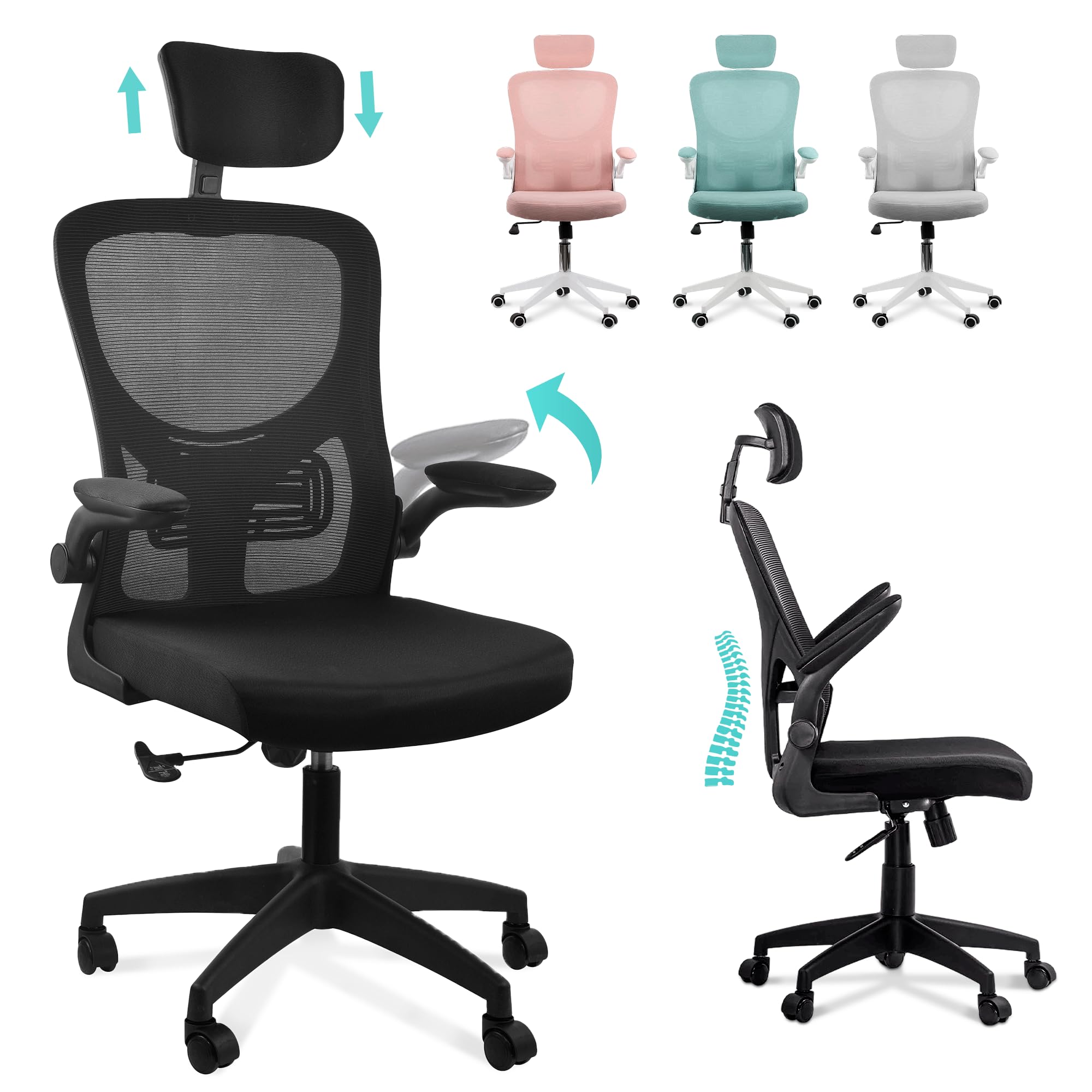 Silla Escritorio Ergonomica - Silla oficina Ajustable y Reclinable con Soporte Lumbar, Reposacabezas Ajustable, Plegables, Malla Transpirable, Ruedas Giratorias 360° Soporta hasta 120kg - Negro