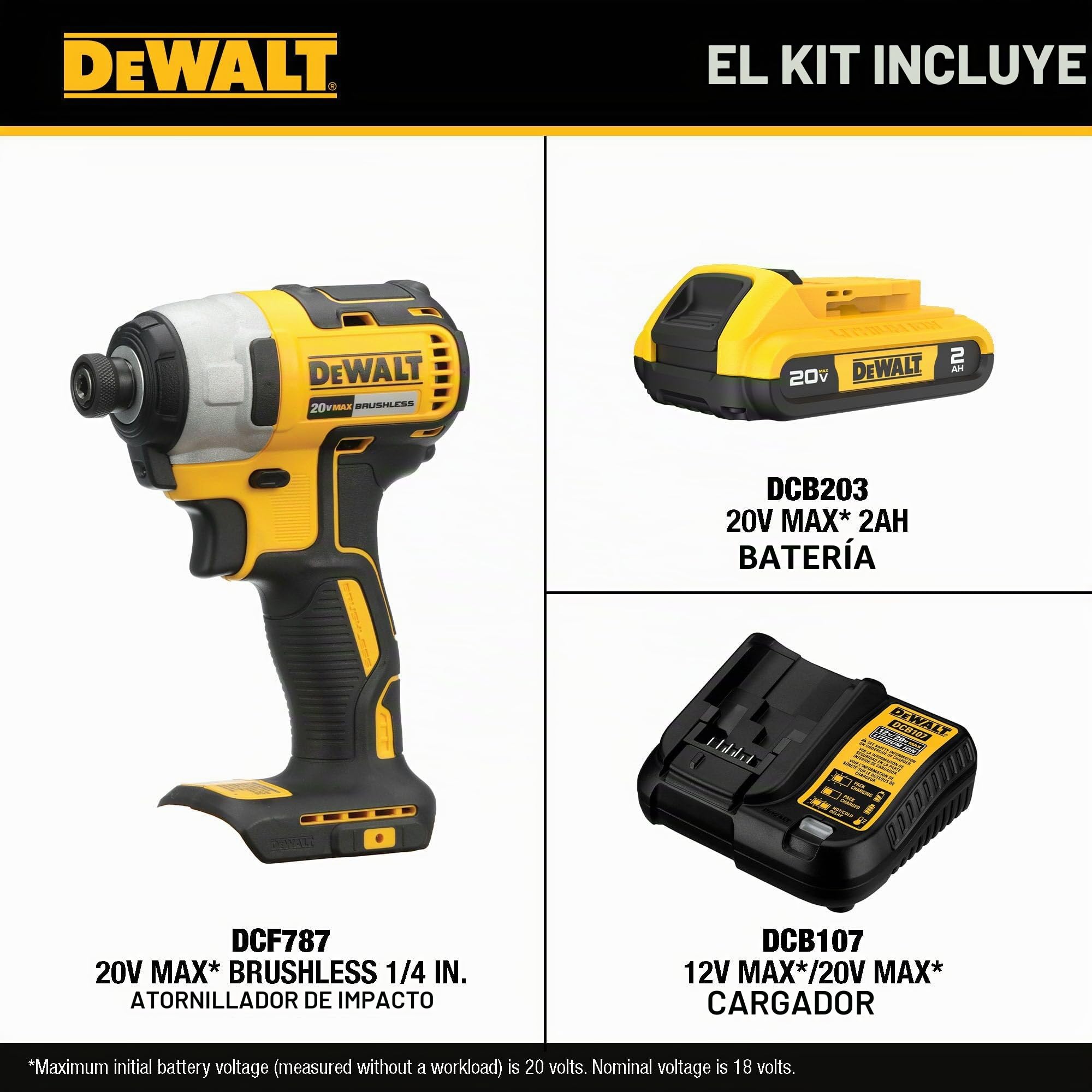 DEWALT Atornillador de impacto 20V MAX, 1/4 de pulgada, batería y cargador incluidos (DCF787D1)