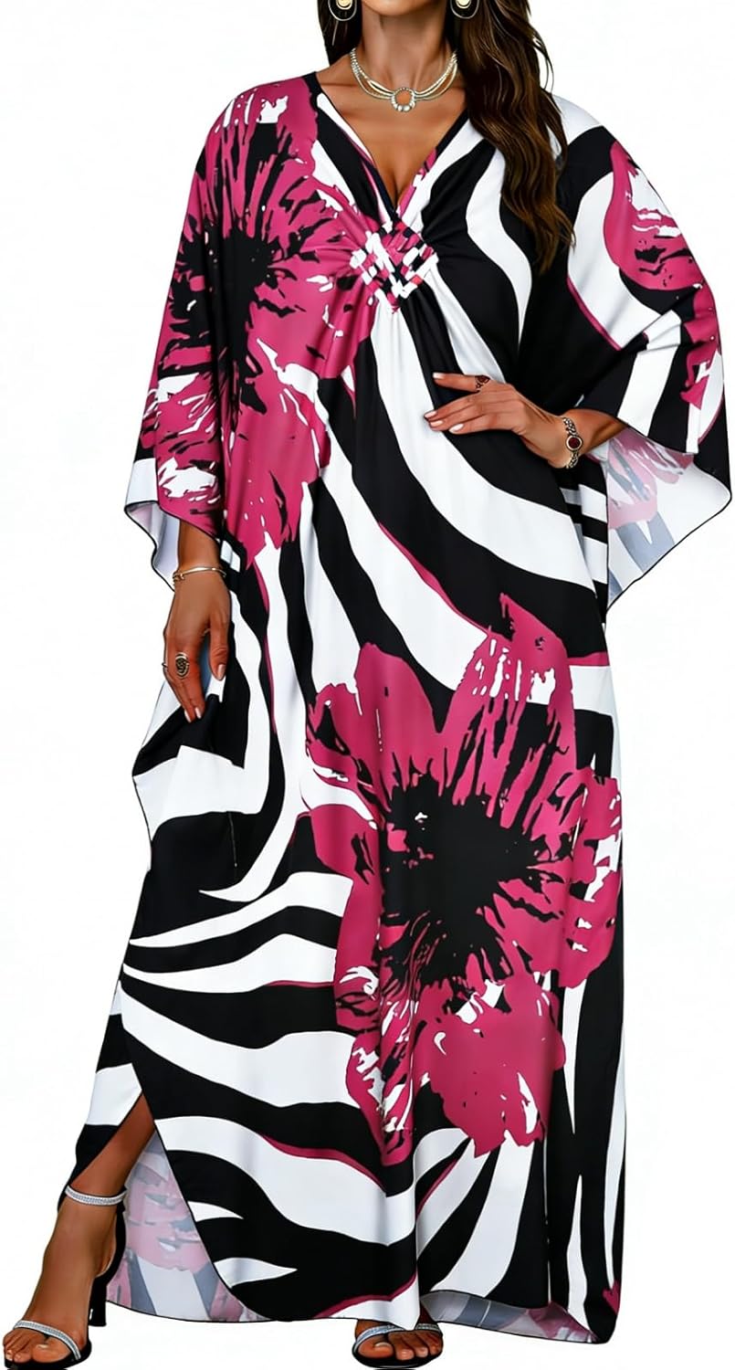 JILUVIN Plus Size V Neck Floral Print Kaftan Dress