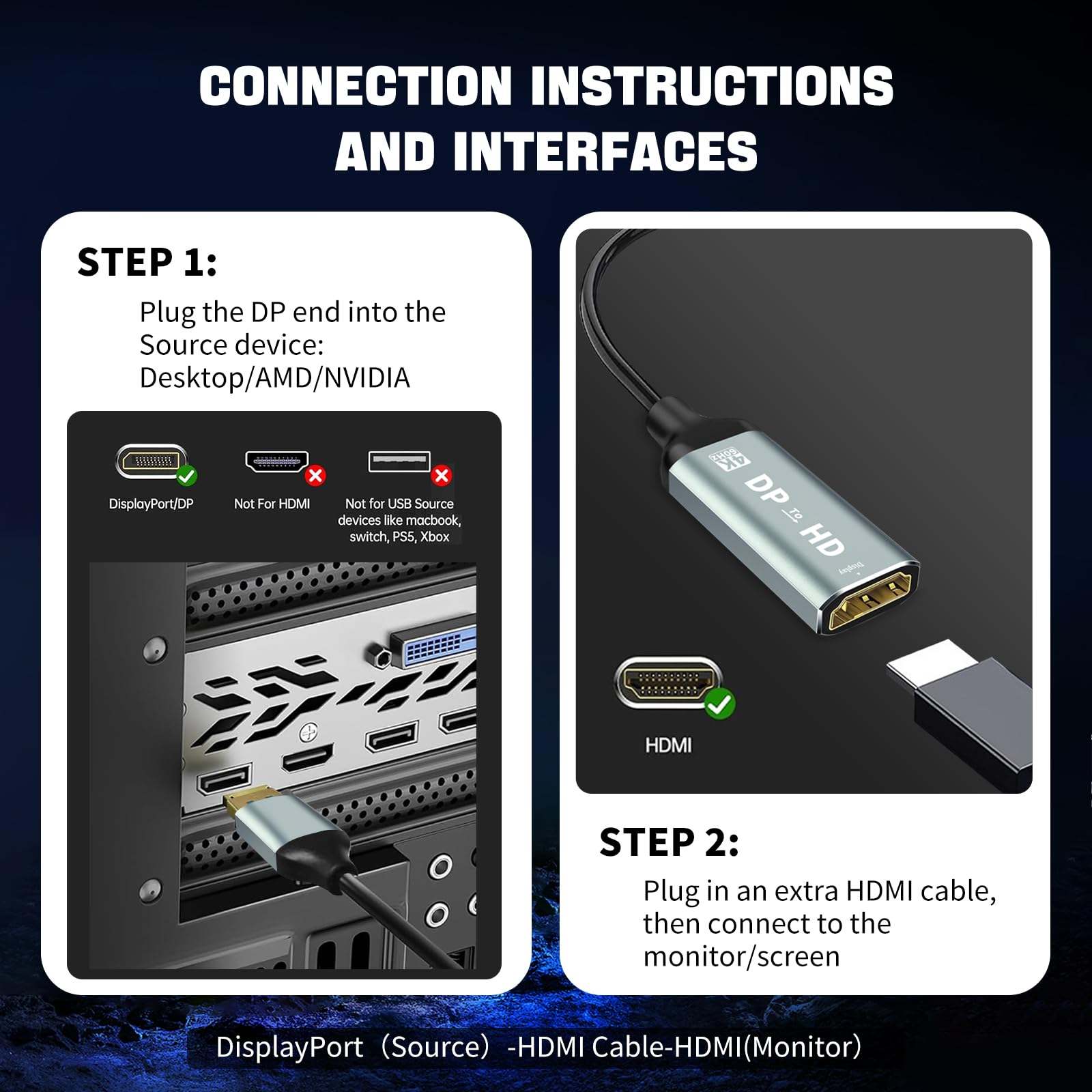 Adaptateur port d'affichage 4K vers HDMI, port d'affichage unidirectionnel ordinateur vers HDMI, convertisseur Plug & Play avec synchronisation audio et vidéo pour téléviseur HD/moniteur