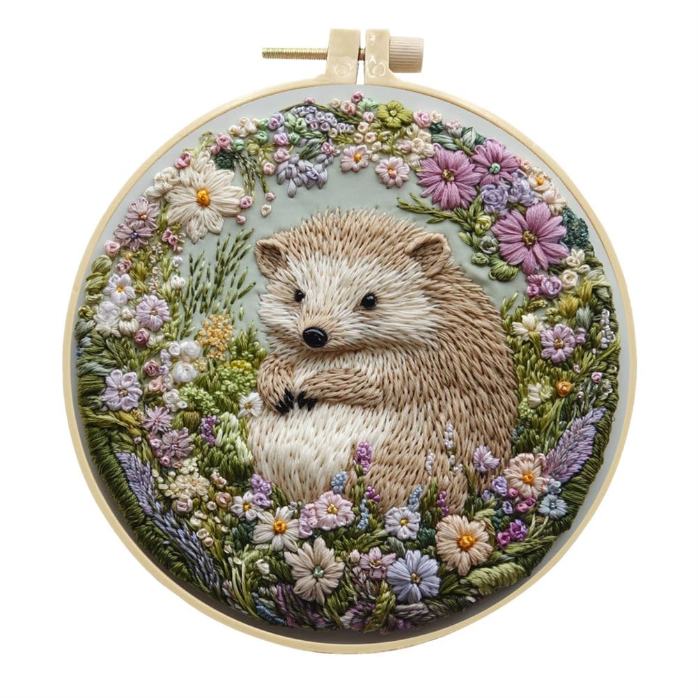 Meecaa Daze Animal Flower Hedgehog Embroidery Kit Starter Set, Hand Embroidery Set,Pattern Printed Cross Stitch Set for Beginner Adults, with Embroidery Hoop and Instructions (Daze)