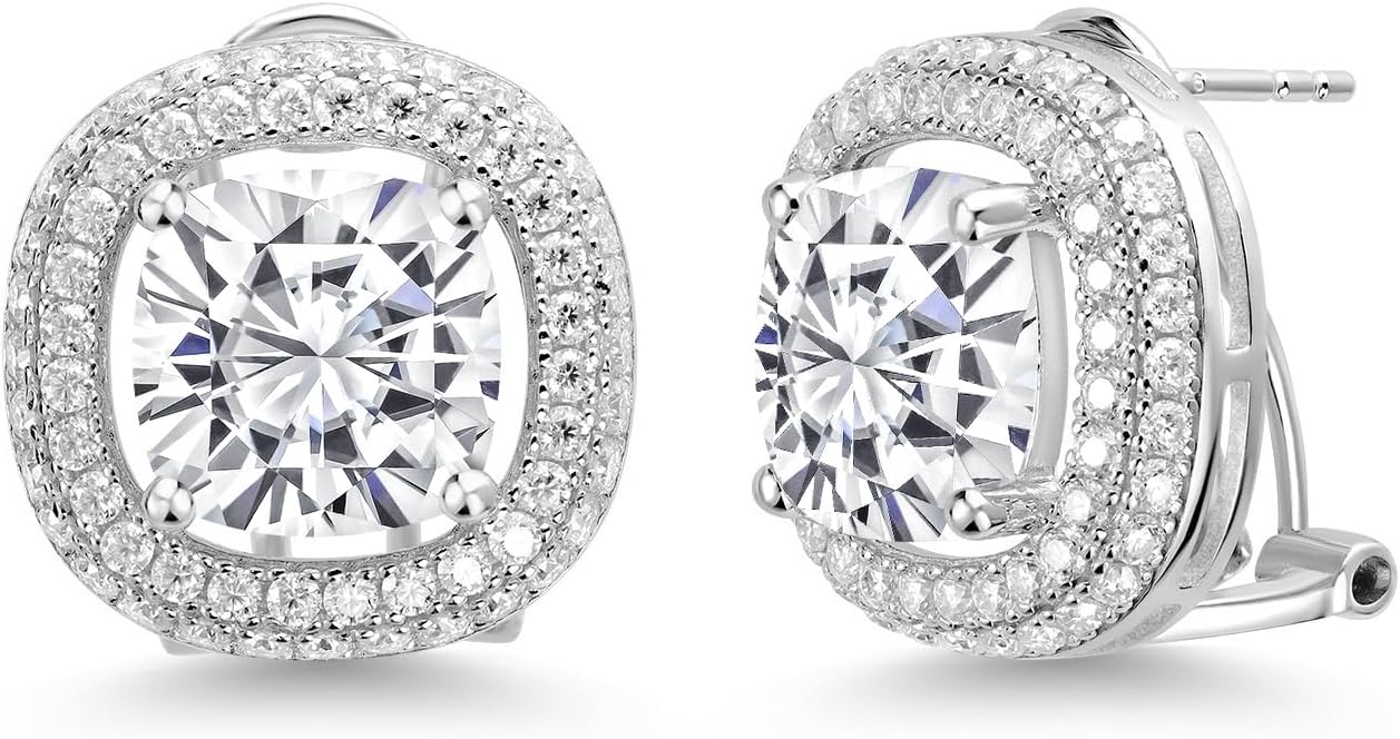 Gem Stone King 925 Sterling Silver White Moissanite Post Clip Earrings For Women (10.96 Cttw, Cushion 10MM)