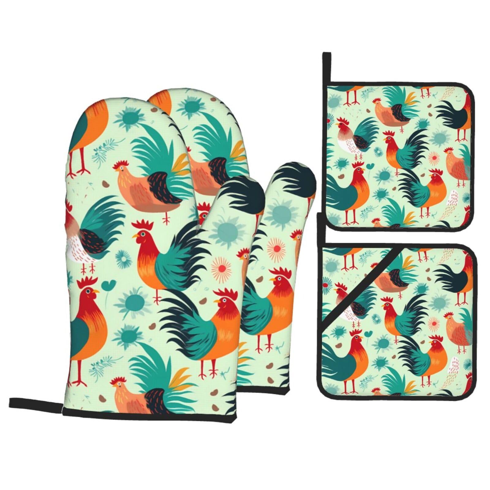 HJFCZH Shine Rooster Picture Kitchen Baking Set of 4 Thick Insulated Oven Mitt & Pot Holders, Anti-Scalding for Microwave, Oven, Outdoor BBQ