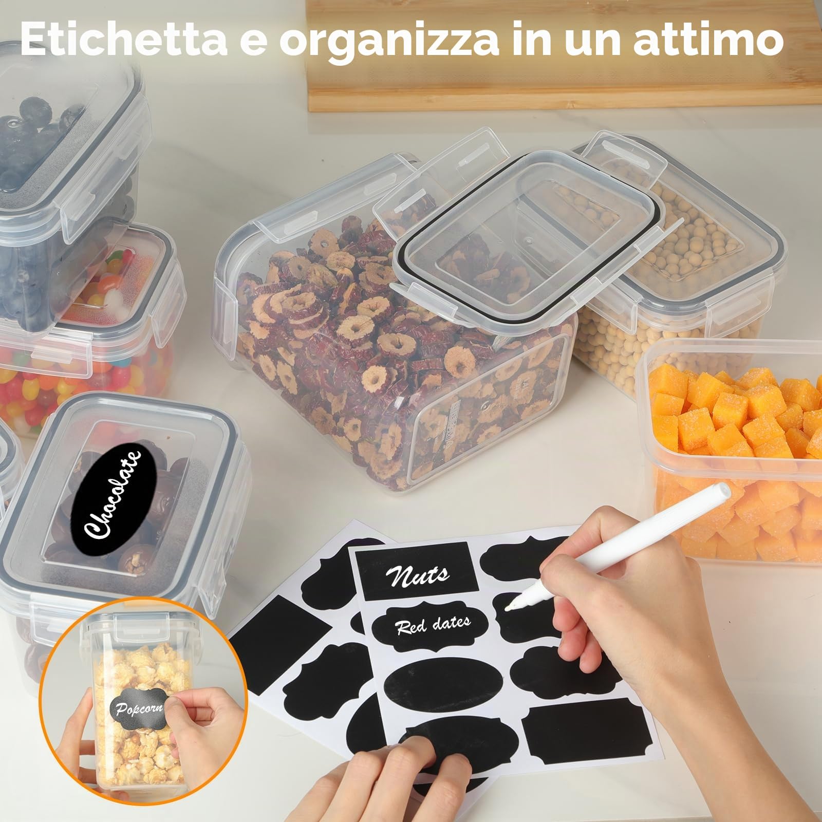 Withosent Set di 24 scatole di conservazione con coperchio - Scatola ermetica in plastica - Scatola per cereali (2 l, 1,4 l, 0,8 l)