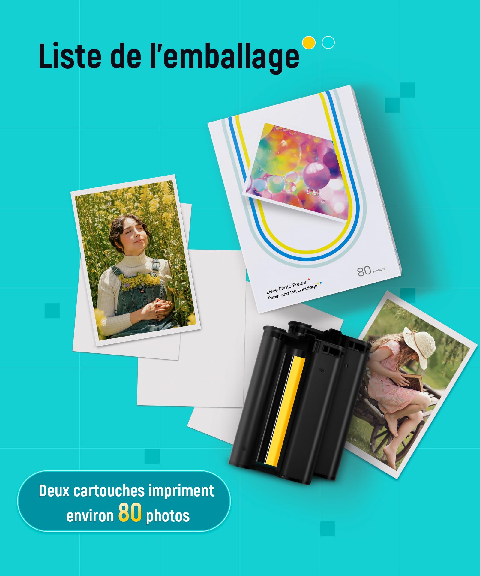 Liene Amber M100 M200 M110 M210 Consommables Originaux 80 Feuilles 10x15 cm 2 Cartouches Sublimation Thermique Étanche Anti-Oxydation