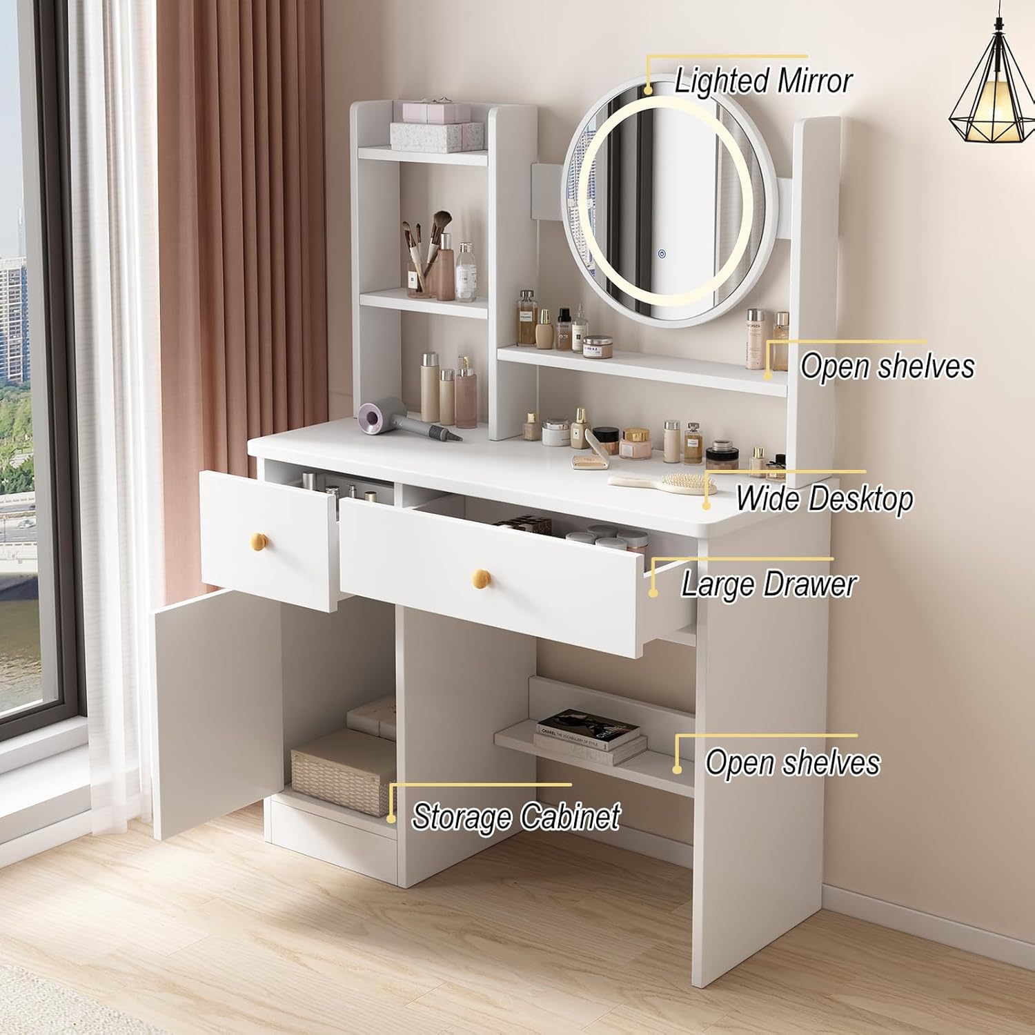 jaheli Makeup Vanity Desk Dressing Table with Mirror Touch Screen Lighted 3 Lighting Modes Makeup Table with Drawers and Open Shelves Brightness Adjustable Dressing Table for Bedroom (80cm)