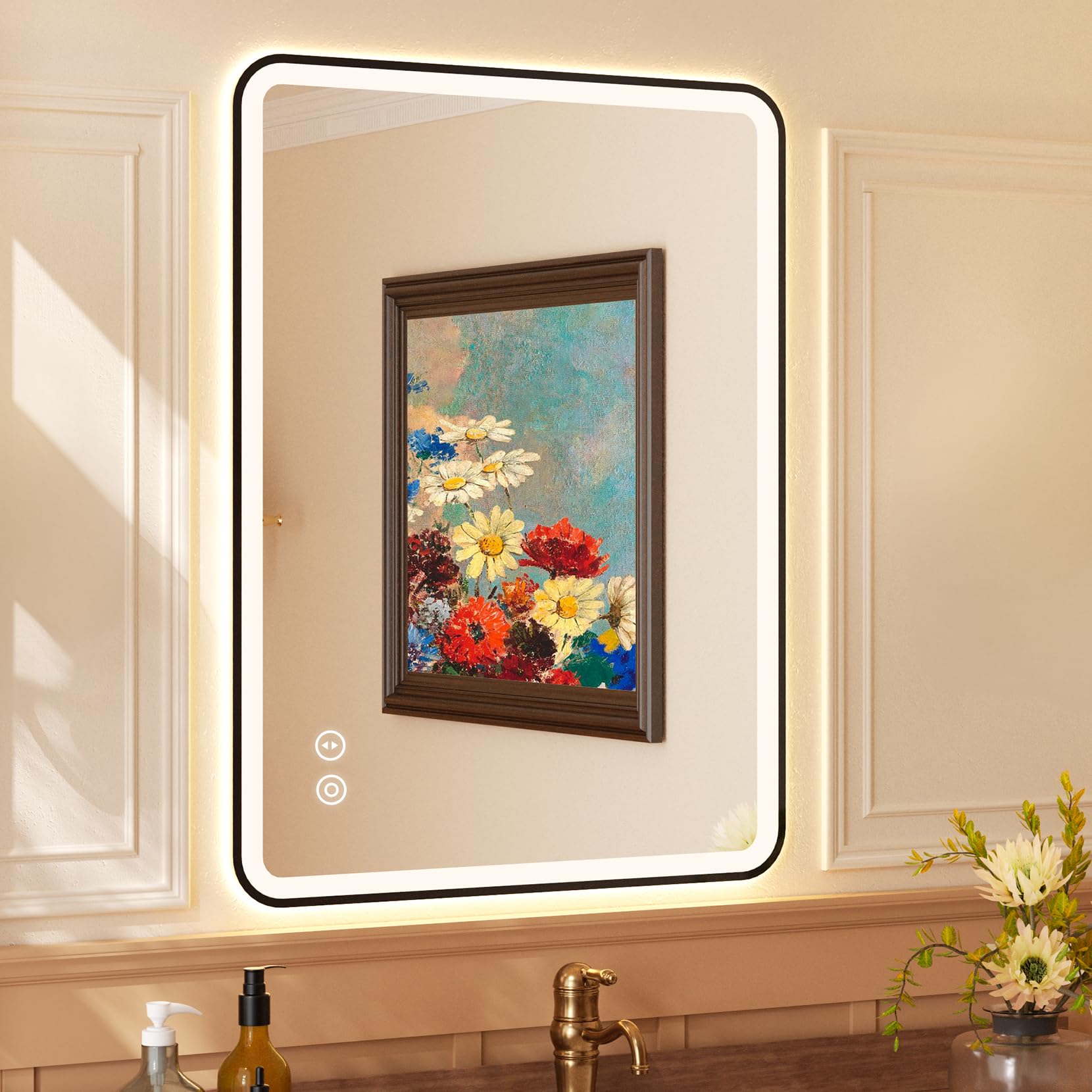 Espejo de Baño 80x60 cm Con Estructura de Metal, Luz de 3 Colores, Interruptor Táctil, Función Antivaho, Vidrio a Prueba de Explosiones, IP44