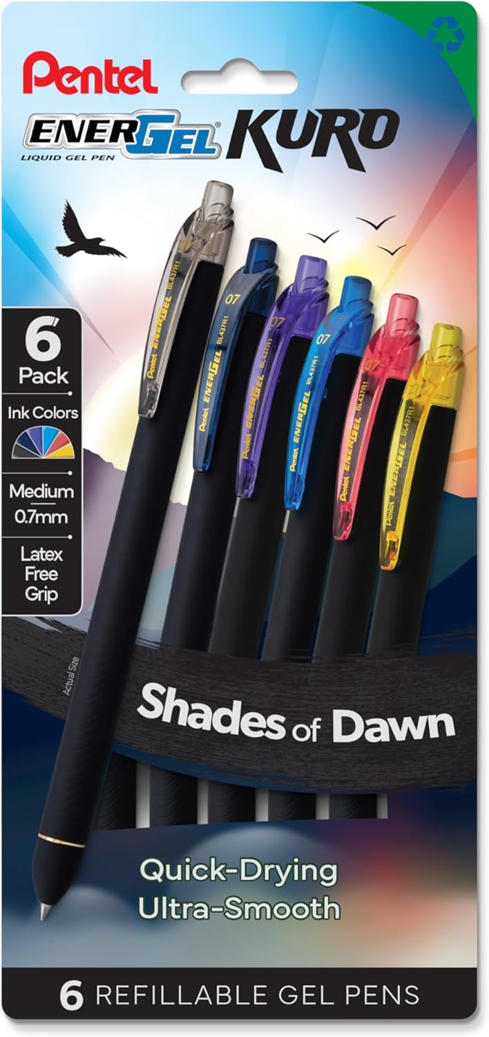 Pentel EnerGel Kuro Shades of Dawn, Retractable Liquid Gel Pen, Assorted Ink Colors, 6pk (BL437DAWPF6)