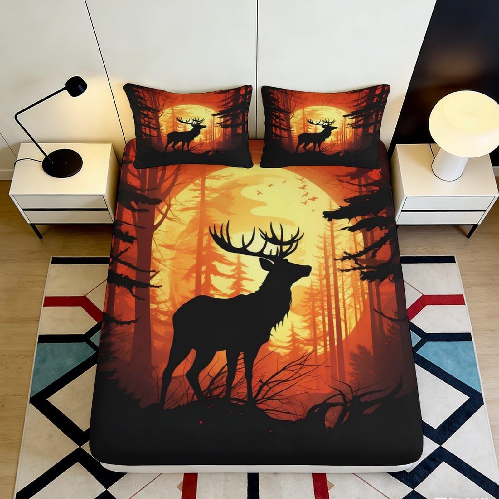 Dhbaneiok Style-6 3D Printed Forest Sunset Fitted Sheet Microfiber Soft Stag Silhouette Mattress Cover For Bedroom Guest Room Decor 90X200x25cm