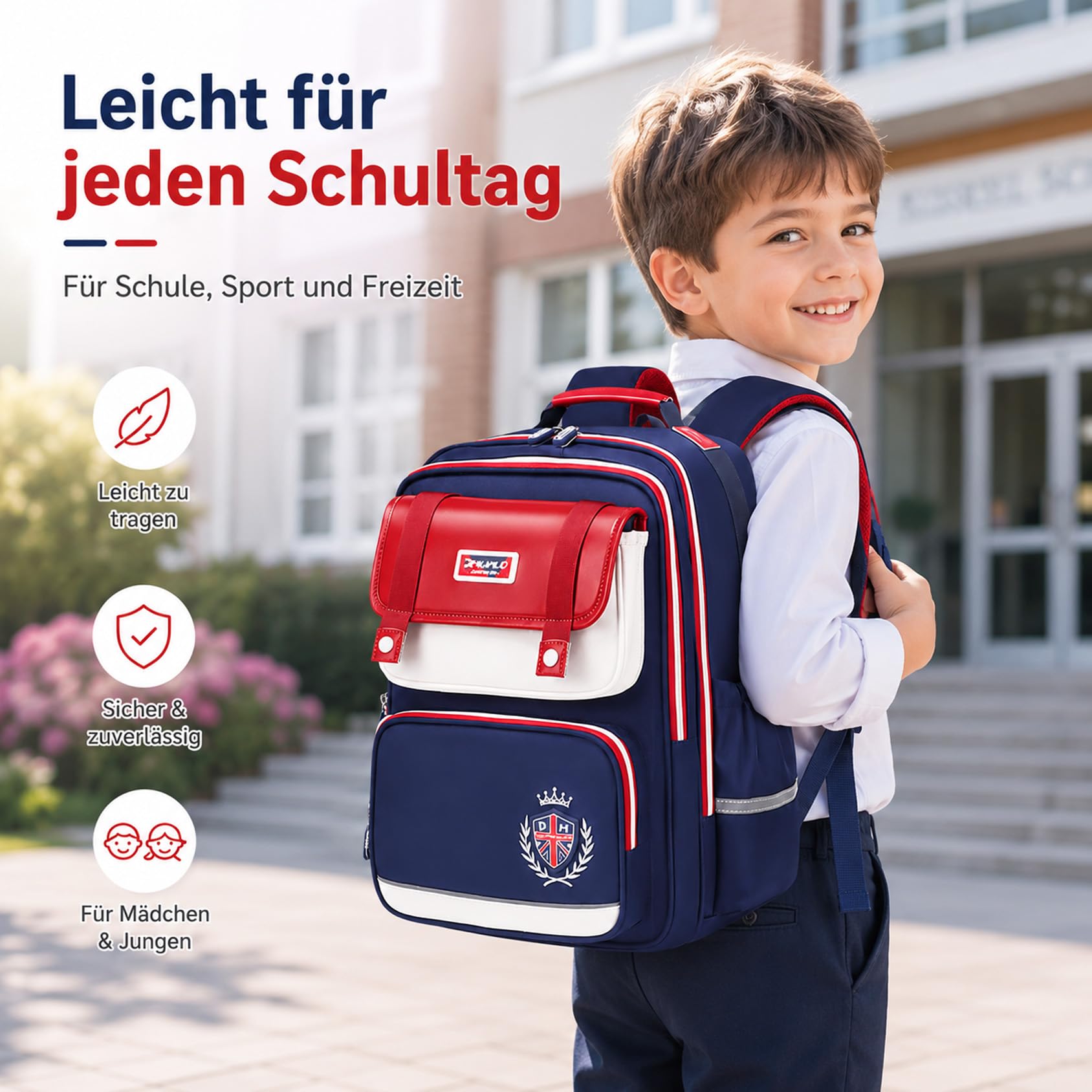 Drawelry Ergonomischer Schulrucksack für Grundschulkinder | 4 Fächer | 3D-Rückenpolster | Brustgurt | Reflektoren | Wasserabweisendes Oxford-Gewebe