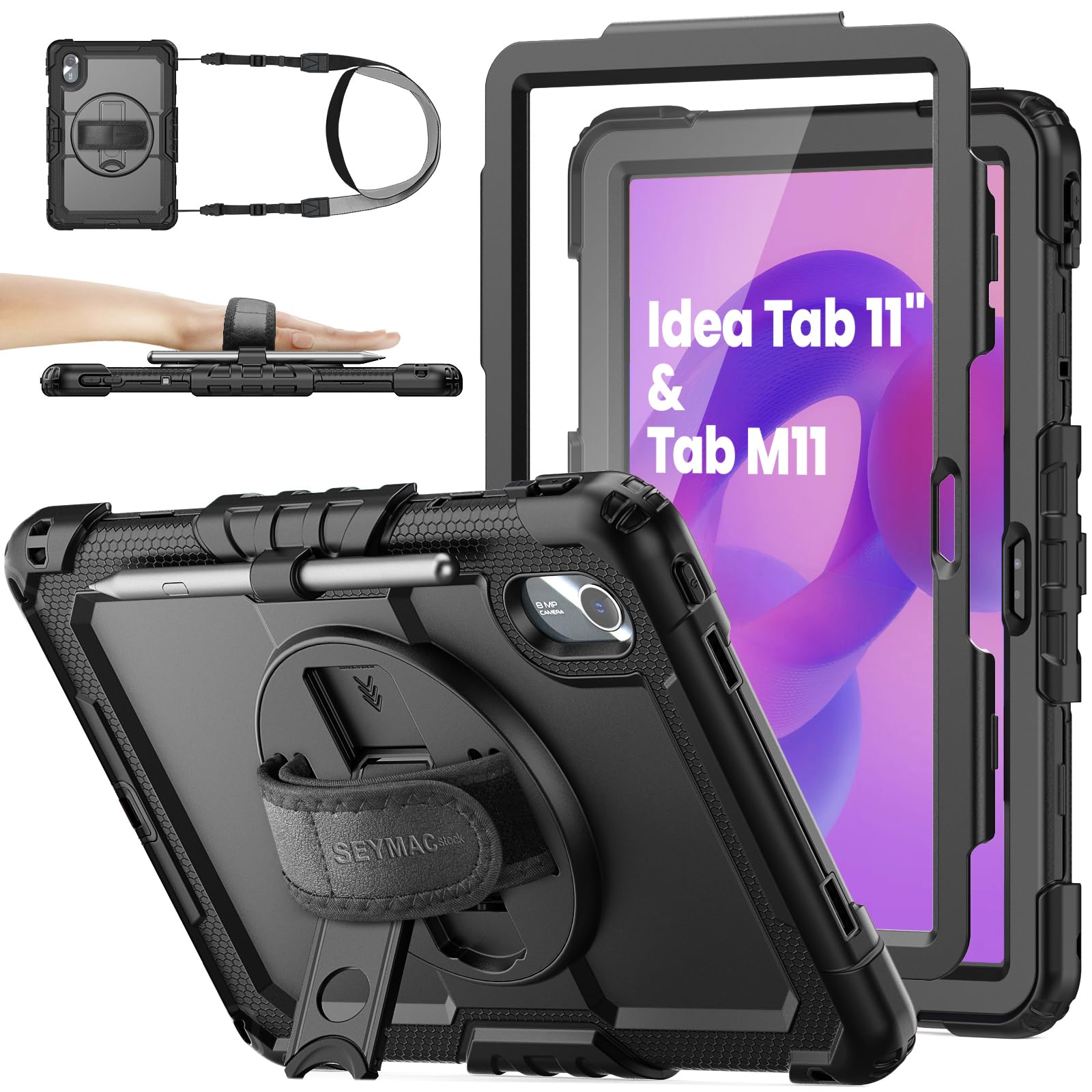 SEYMAC stock Drop-Proof Protection Case with 360° Rotate Stand &Strap [Pen Holder] & Screen Protector Tablet Cover for Lenovo Tab M11/ Tab K11 LTE (TB-330FU/330XU) 11", Black