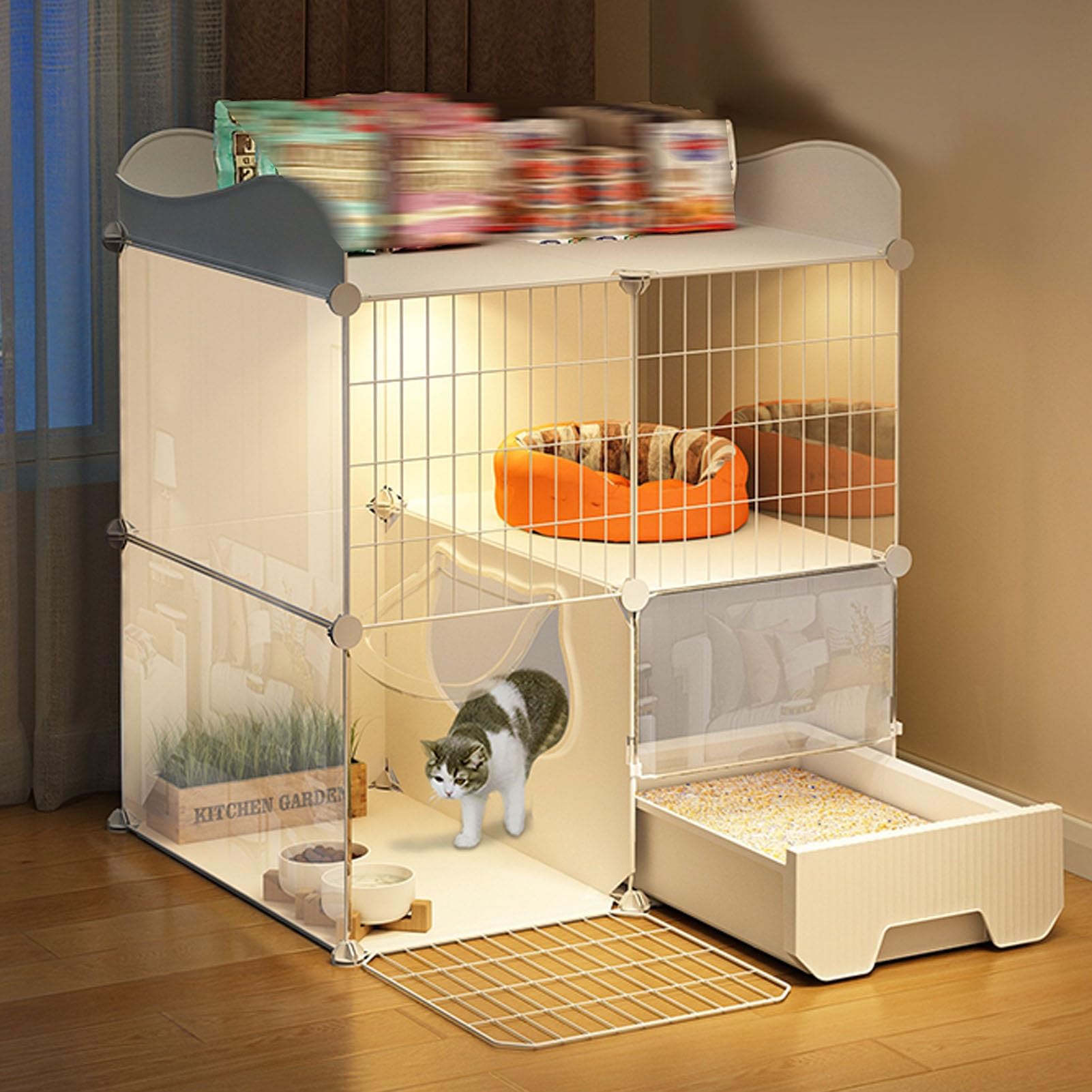 Gabbia per gatti a 2 livelli box per interni con lettiera, ampio spazio con recinzione superiore e stoccaggio, facile da installare