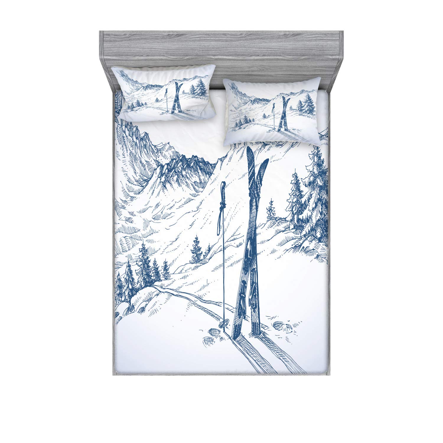 Ambesonne Winter Fitted Sheet & Pillow Sham Set, Sketchy Graphic of a Downhill Ski Elements in Snow Relax Calm View, Decorative Printed 3 Piece Bedding Decor Set, Queen, White Blue