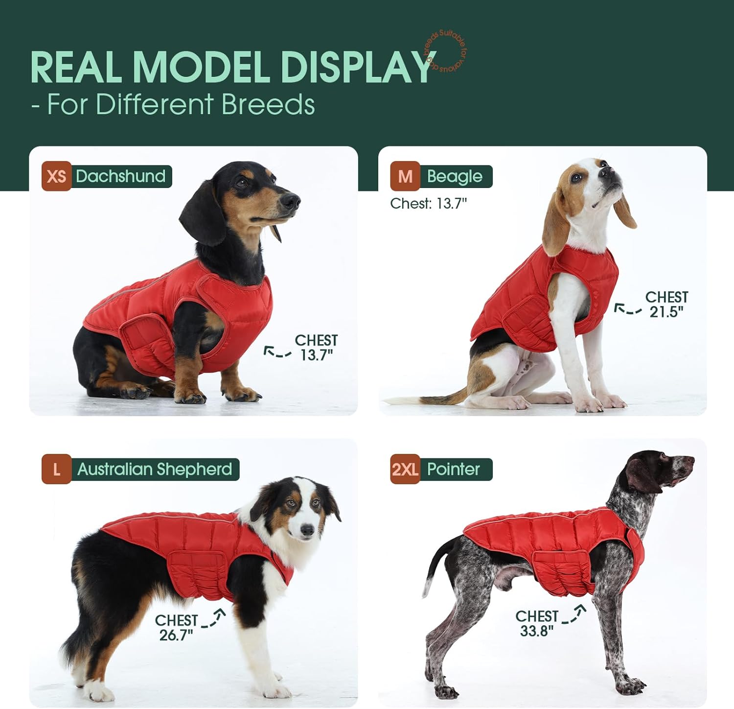 Kuoser Dog Puffer Jacket Warm Dog Coat for Large Dogs, Windproof Reflective Pet Padded Vest Cold Weather Clothes Puppy Snowsuit with Hook & Loop Coats, Easy On/Off, Red XL