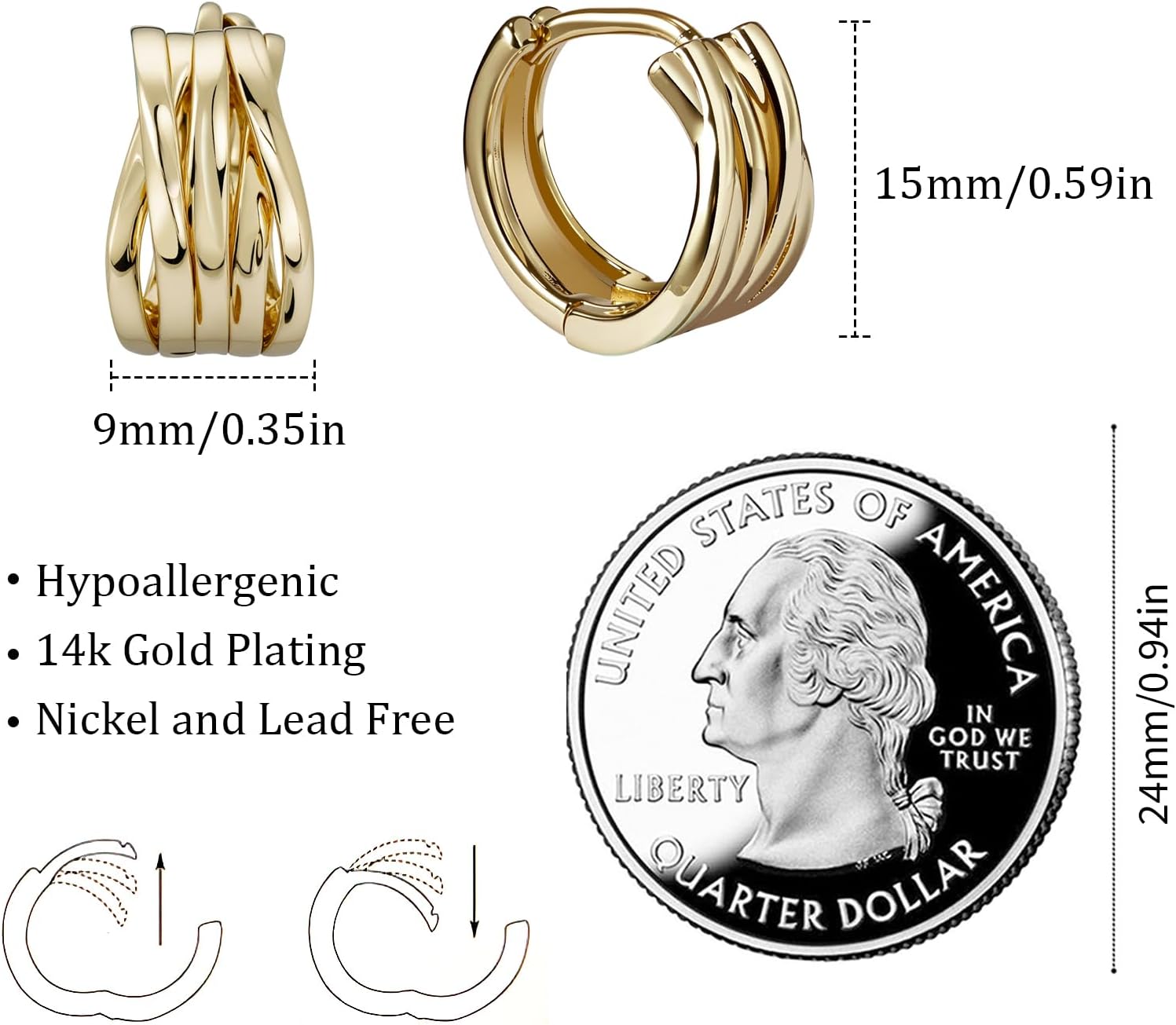 Hoop Earrings for Women, 14k Gold Plated Hypoallergenic Jewelry for Women Feature 5 Gold Metal Strips Intertwined - Image 5