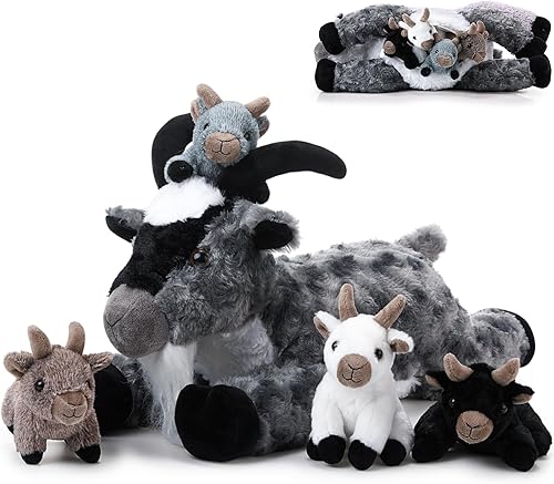 HyDren Juego de 5 piezas de peluche de cabra de 18 pulgadas, peluche de cabra con 4 peluches de bebés en su barriga, almohada de felpa suave de