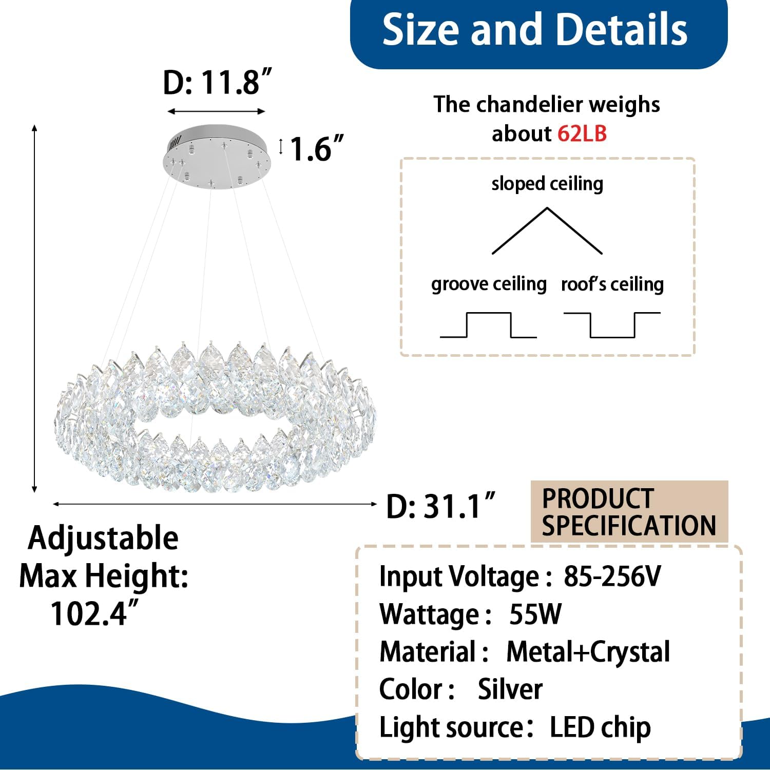 32" Modern Chrome Crystal Chandelier, 3-Color Dimmable LED Round Pendant Light, Adjustable Height Luxury Ceiling Fixture for Dining Room, Living Room, Foyer, Staircase