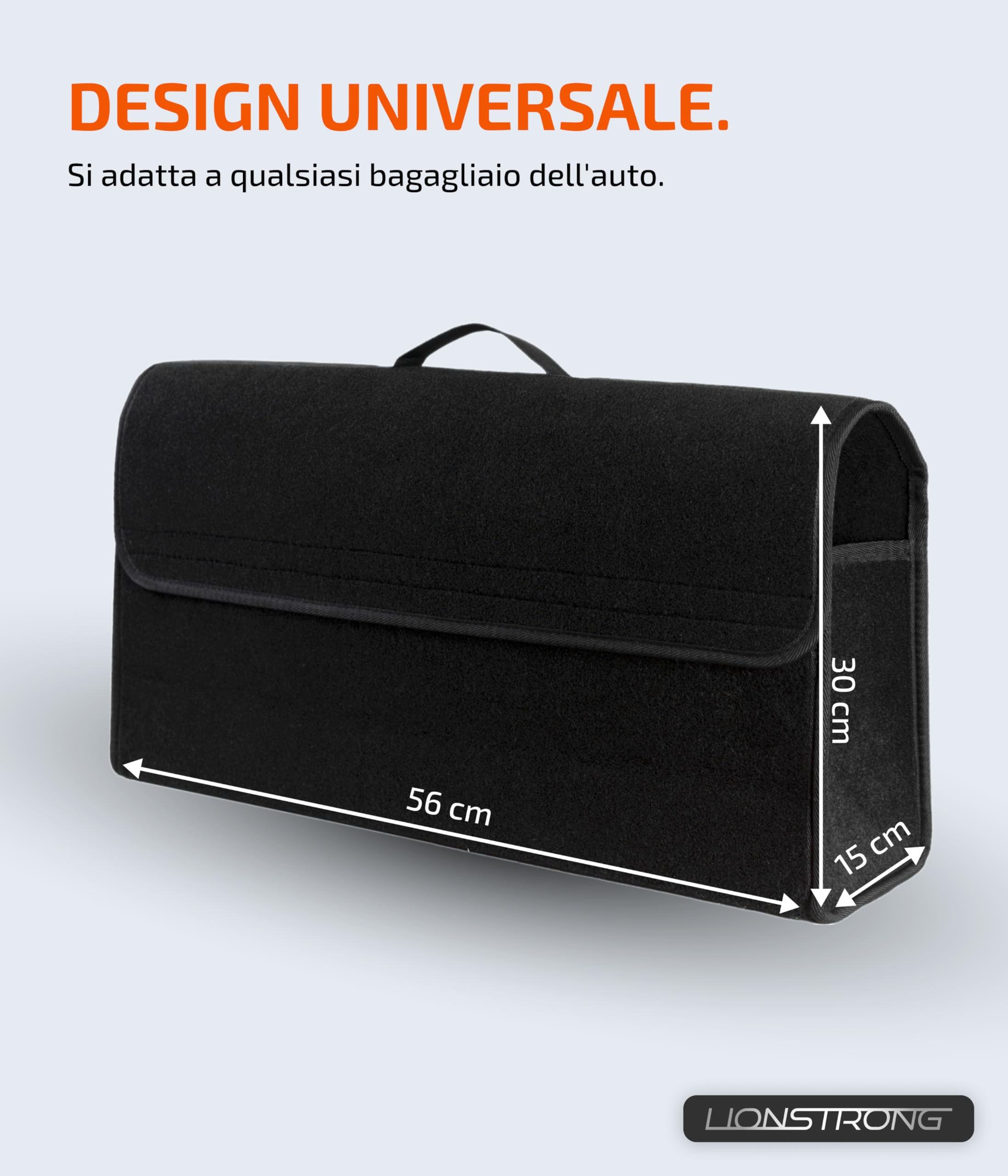 LIONSTRONG® Borsa da Bagagliaio Auto [FELTRO DI ALTA QUALITÀ] – Pieghevole – Con strisce a strappo per fissaggio antiscivolo – Borsa per strumenti – Accessori auto – Universale per tutte le auto