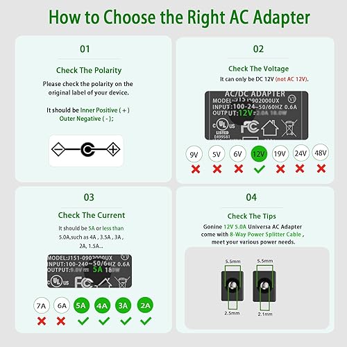 Miniatura 3 de Gonine Adaptador de fuente de alimentación CCTV de cámara de seguridad de 12V 5A con divisor de alimentación de 8 vías, CA 100-240V a CC 12 voltios
