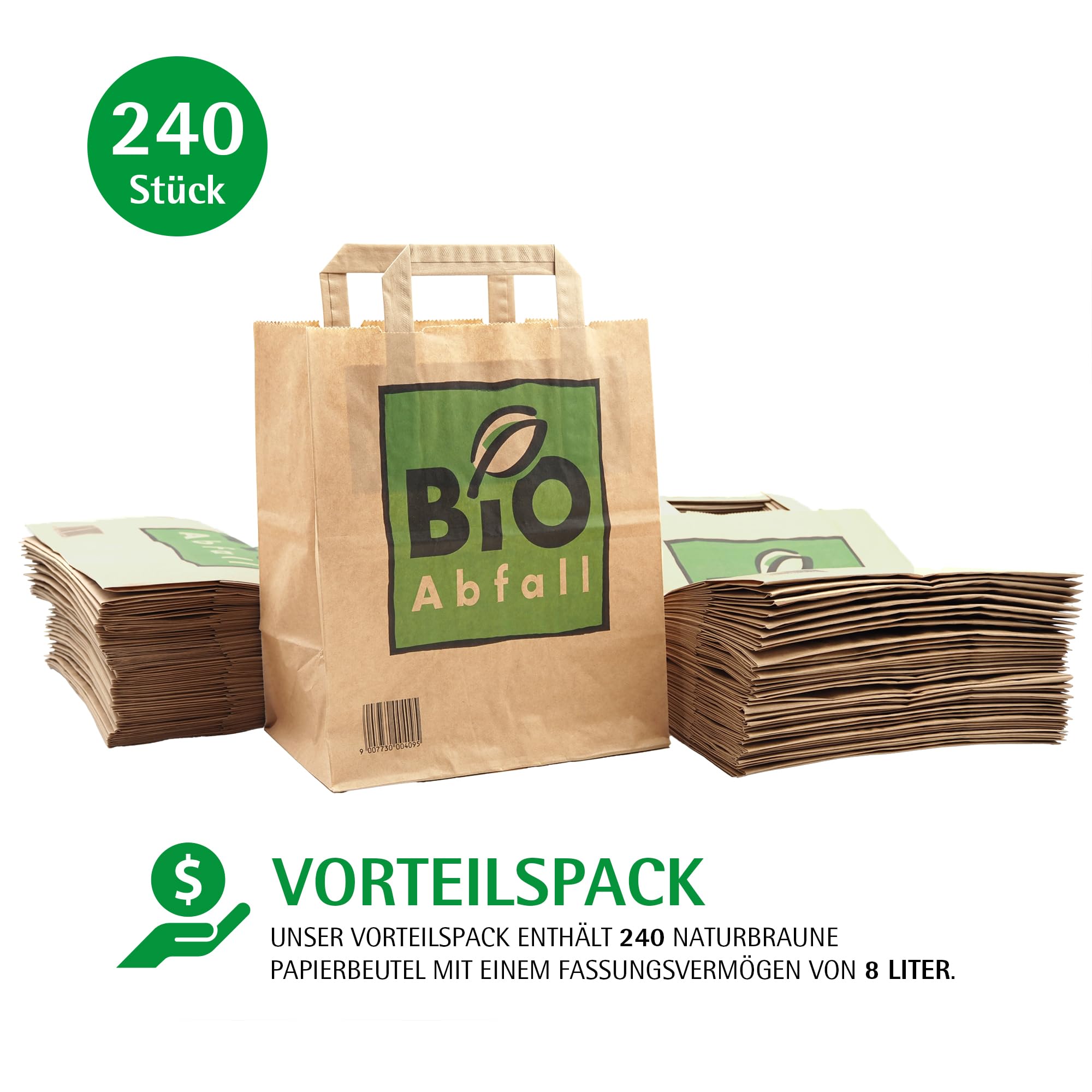 bioMat Kompostierbare 8l Papiertüten für Biomüll, 240 Biomülltüten mit Henkel aus Kraftpapier, Nassfest, Reißfest