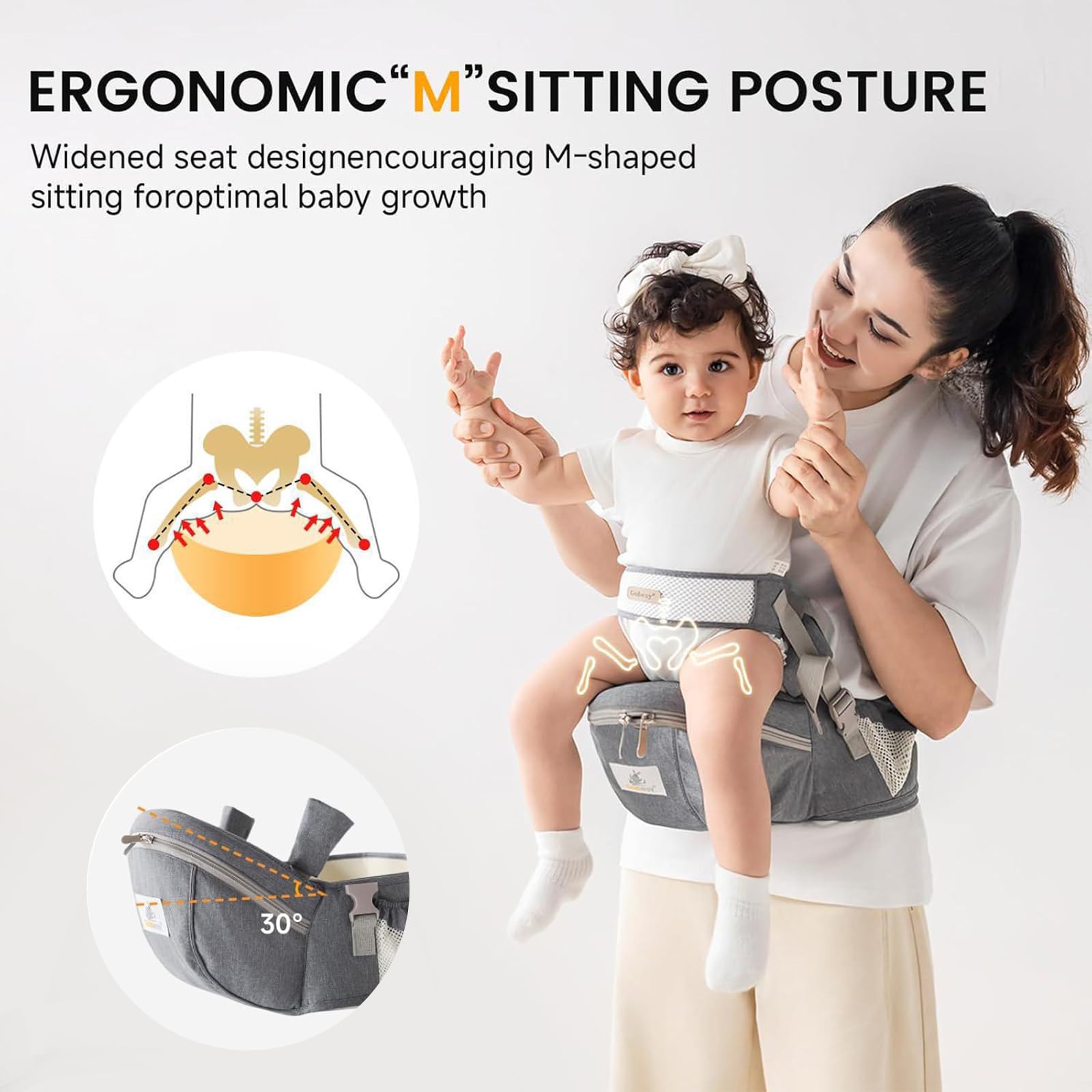 Seggiolino ergonomico con cintura di sicurezza in puro cotone traspirante 0-36 mesi (grigio scuro)