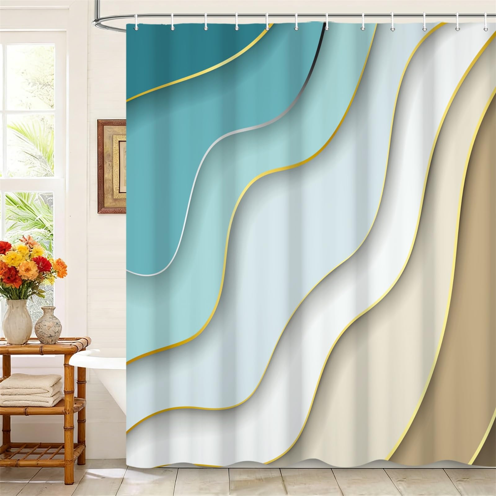Kzzfqxb 178x183cm Shower Curtains with Plastic Hooks, Modern Abstract Art Simple Clean Blue Ocean Wave Golden Sand Beach Pattern Waterproof Occluded for Bathtub, Polyester Fabric for Bath Bathroom — image 1