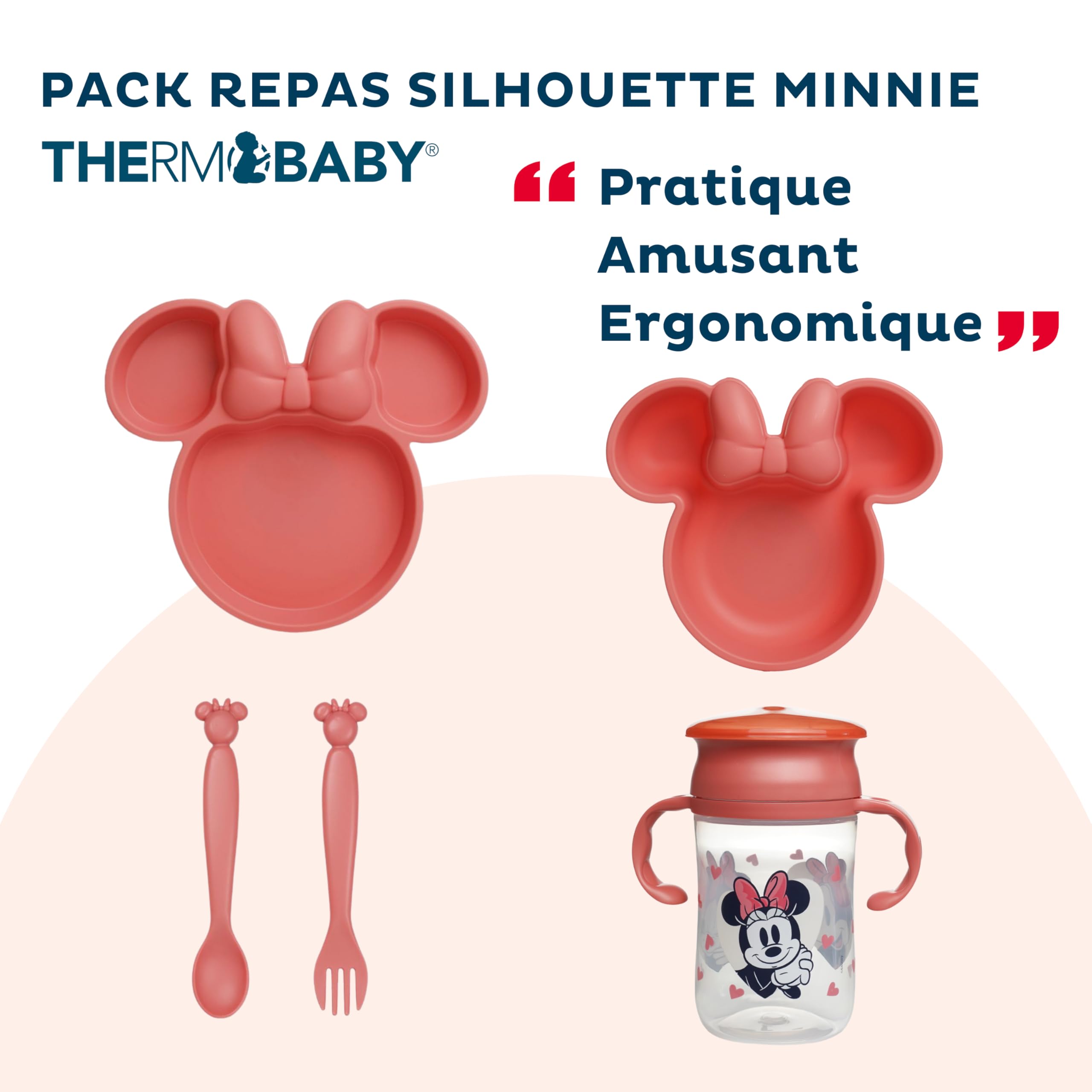 Disney Minnie Kindergeschirr-Set – unterteilter Teller – Schüssel – Löffel – Gabel und Tasse 360° – lustiges und praktisches Design für Babymahlzeiten