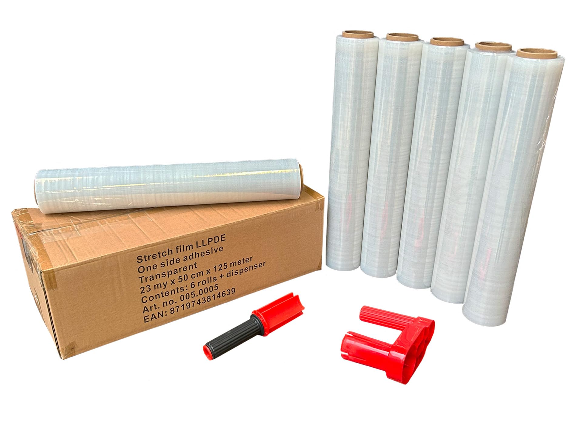Lot de 6 rouleaux + dérouleur de film étirable 23 my 500 mm x 125 m – 1,5 kg de film pour palette (6 rouleaux transparents + 1 dérouleur)